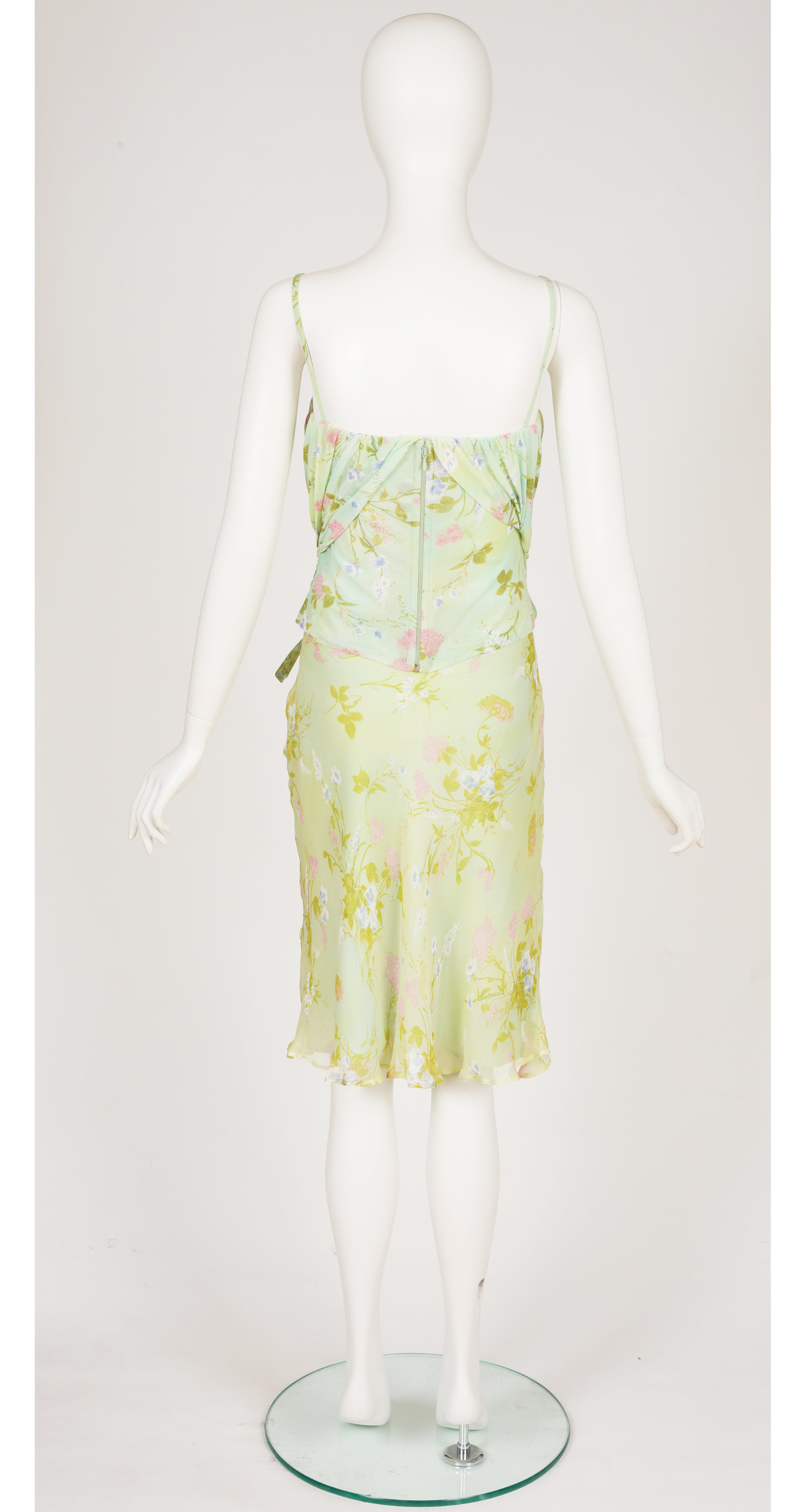 2000s Floral Pastel Green Bustier & Silk Skirt Set