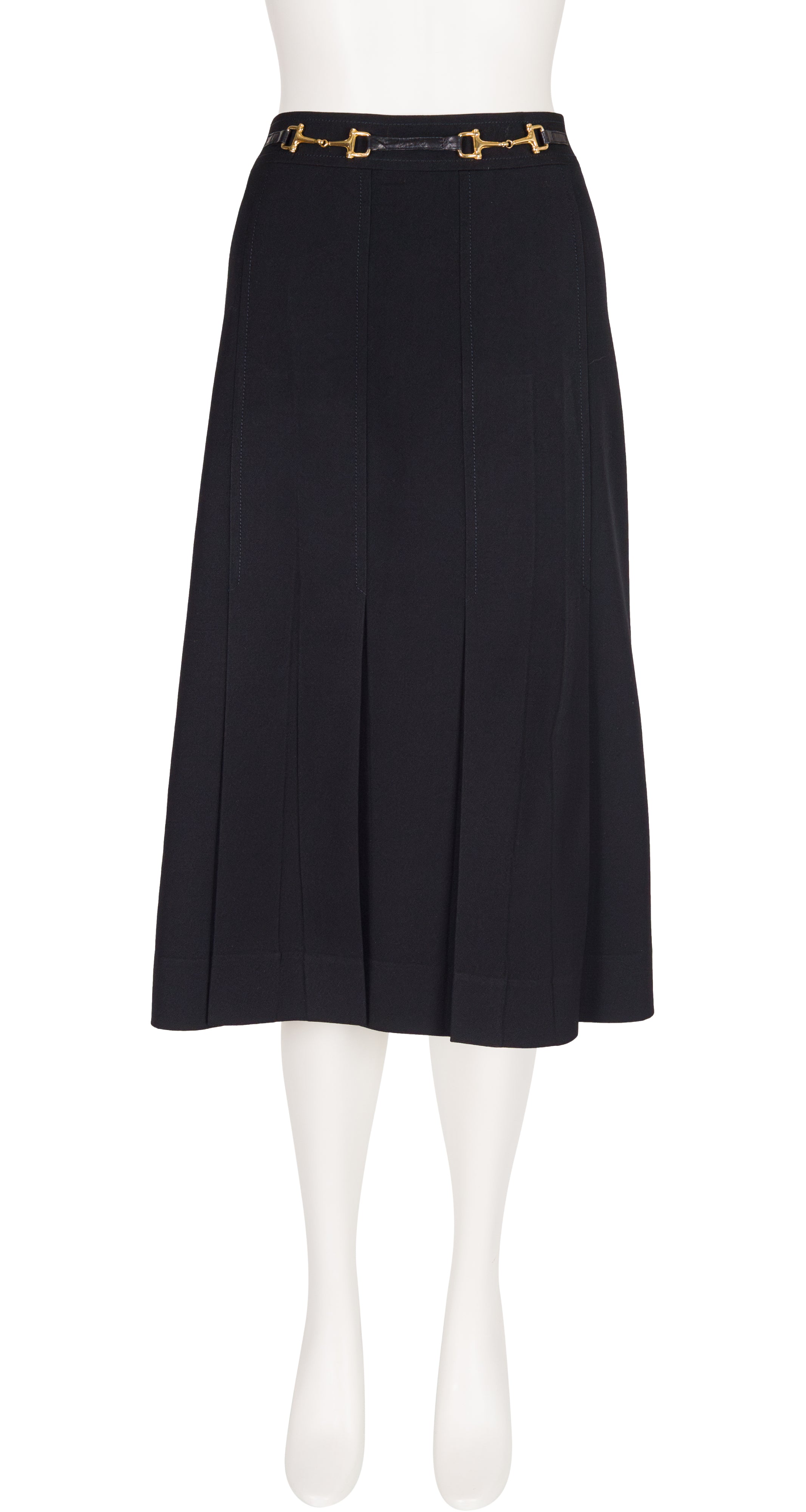 1980s Horsebit Black Wool Gabardine Pleated Skirt