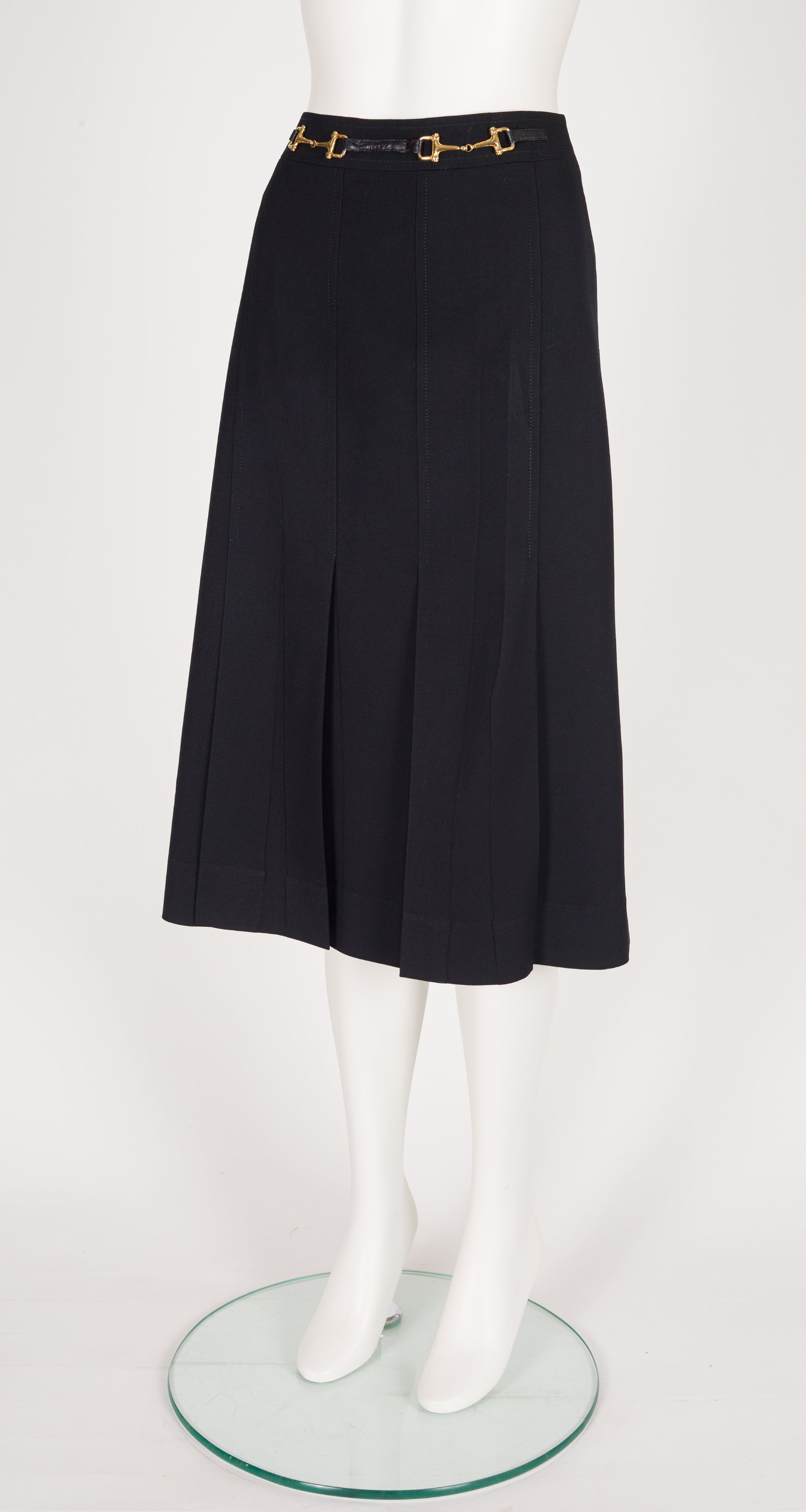1980s Horsebit Black Wool Gabardine Pleated Skirt