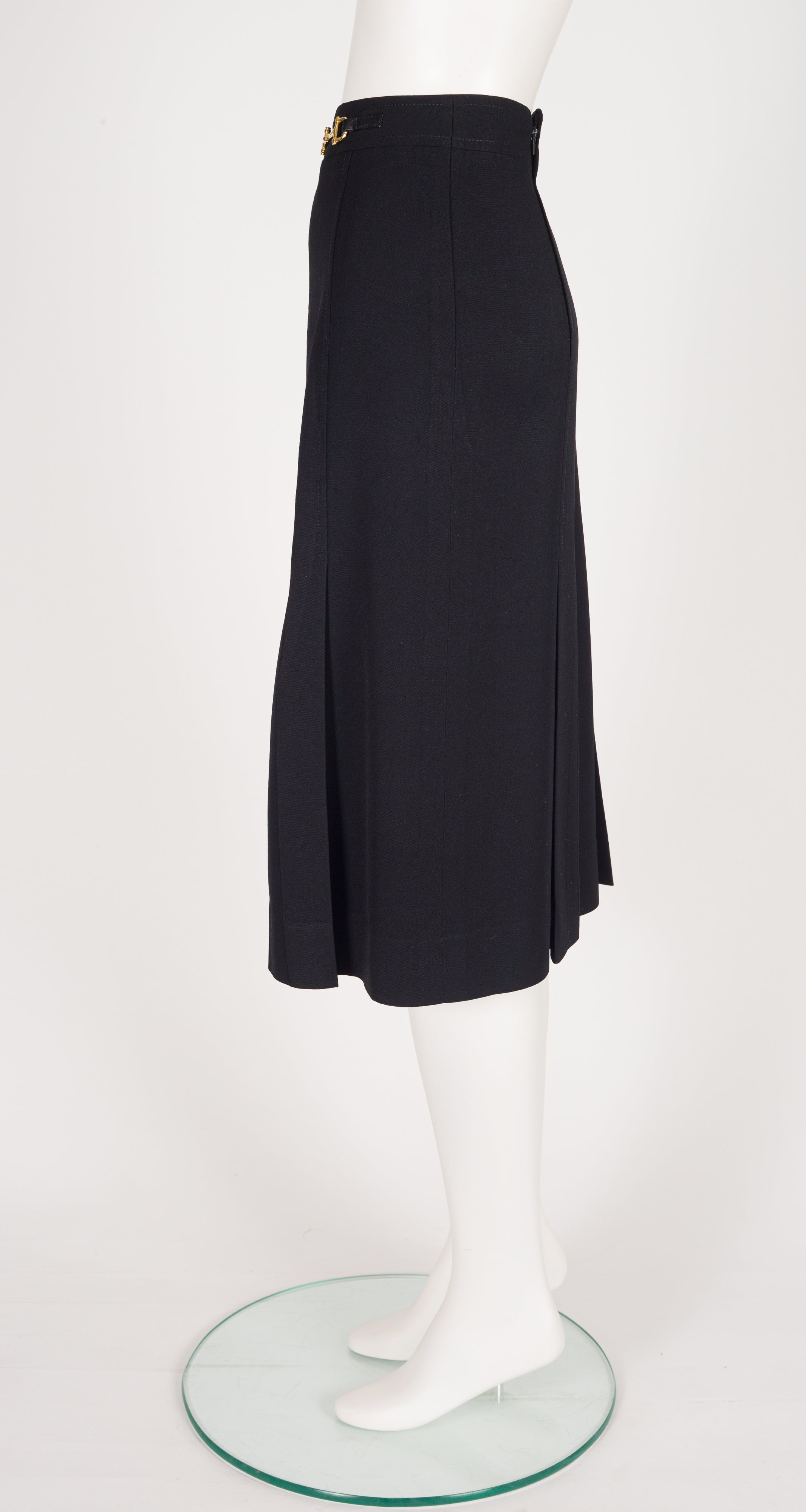 1980s Horsebit Black Wool Gabardine Pleated Skirt