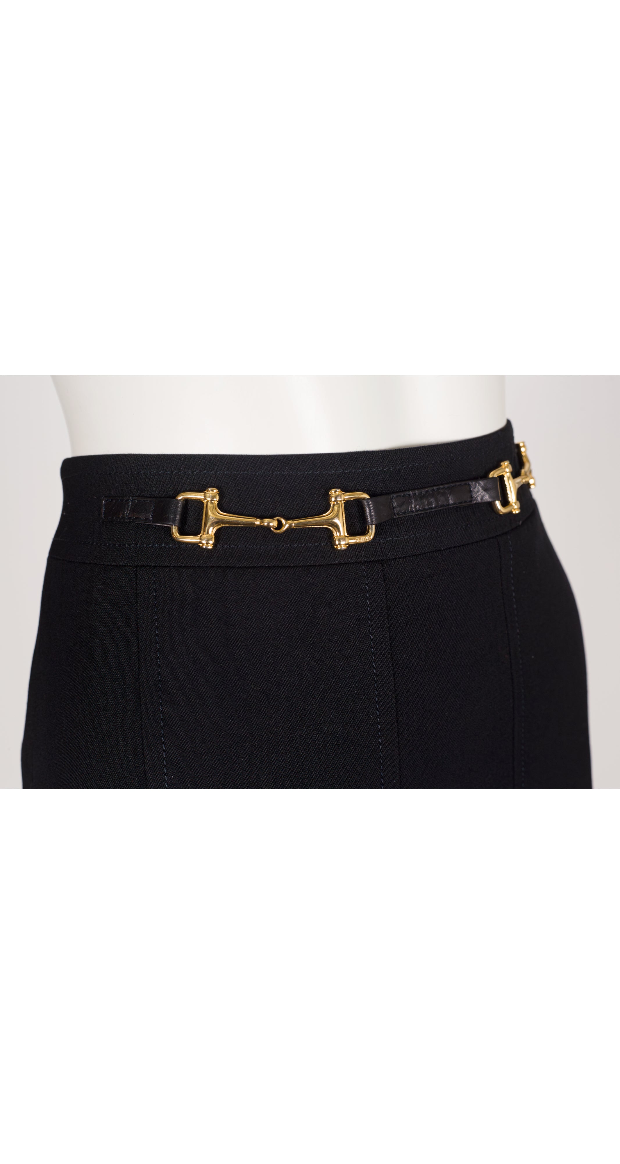 1980s Horsebit Black Wool Gabardine Pleated Skirt