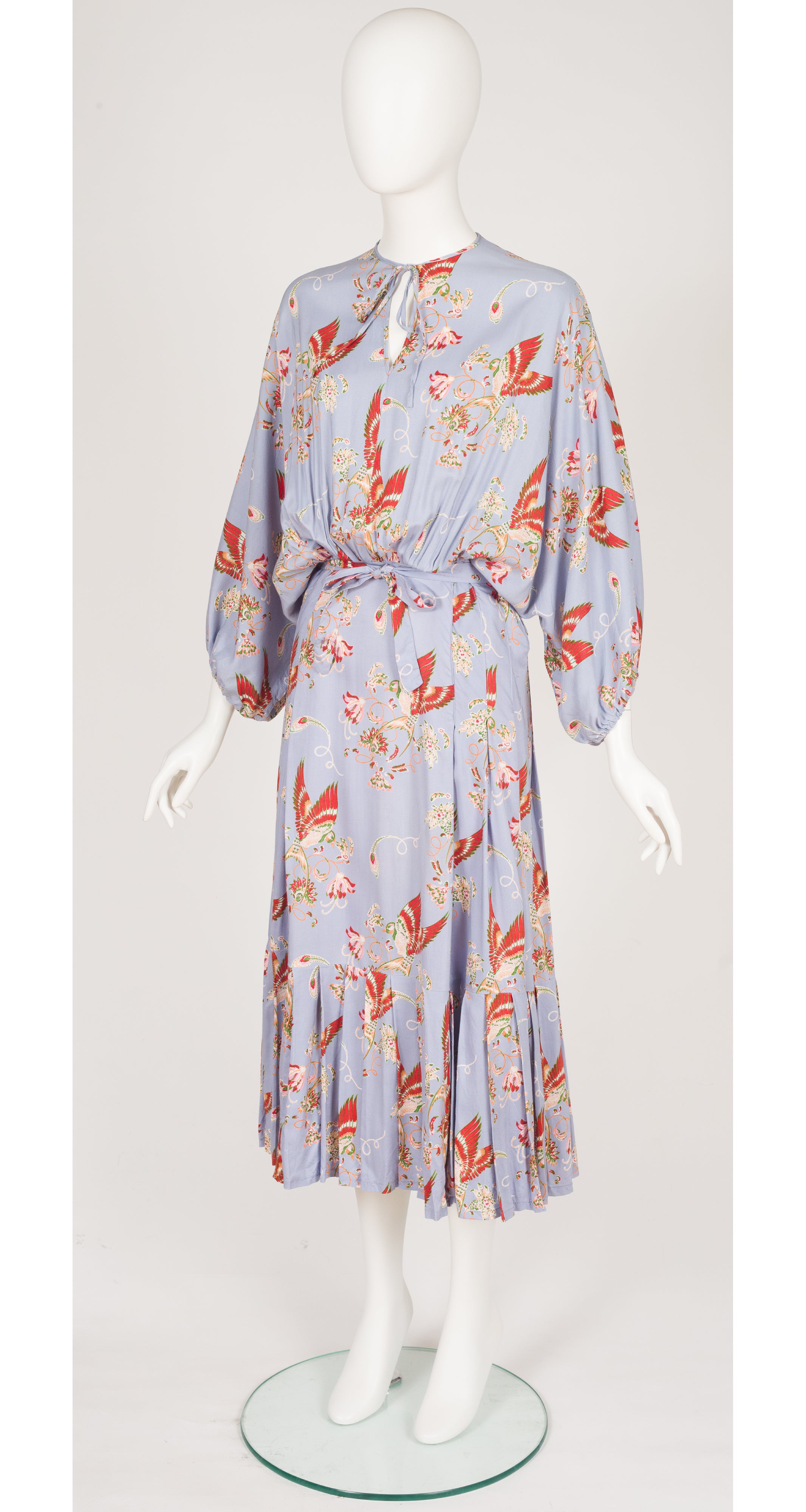 1970s Bird Print Powder Blue Dolman Sleeve Dress