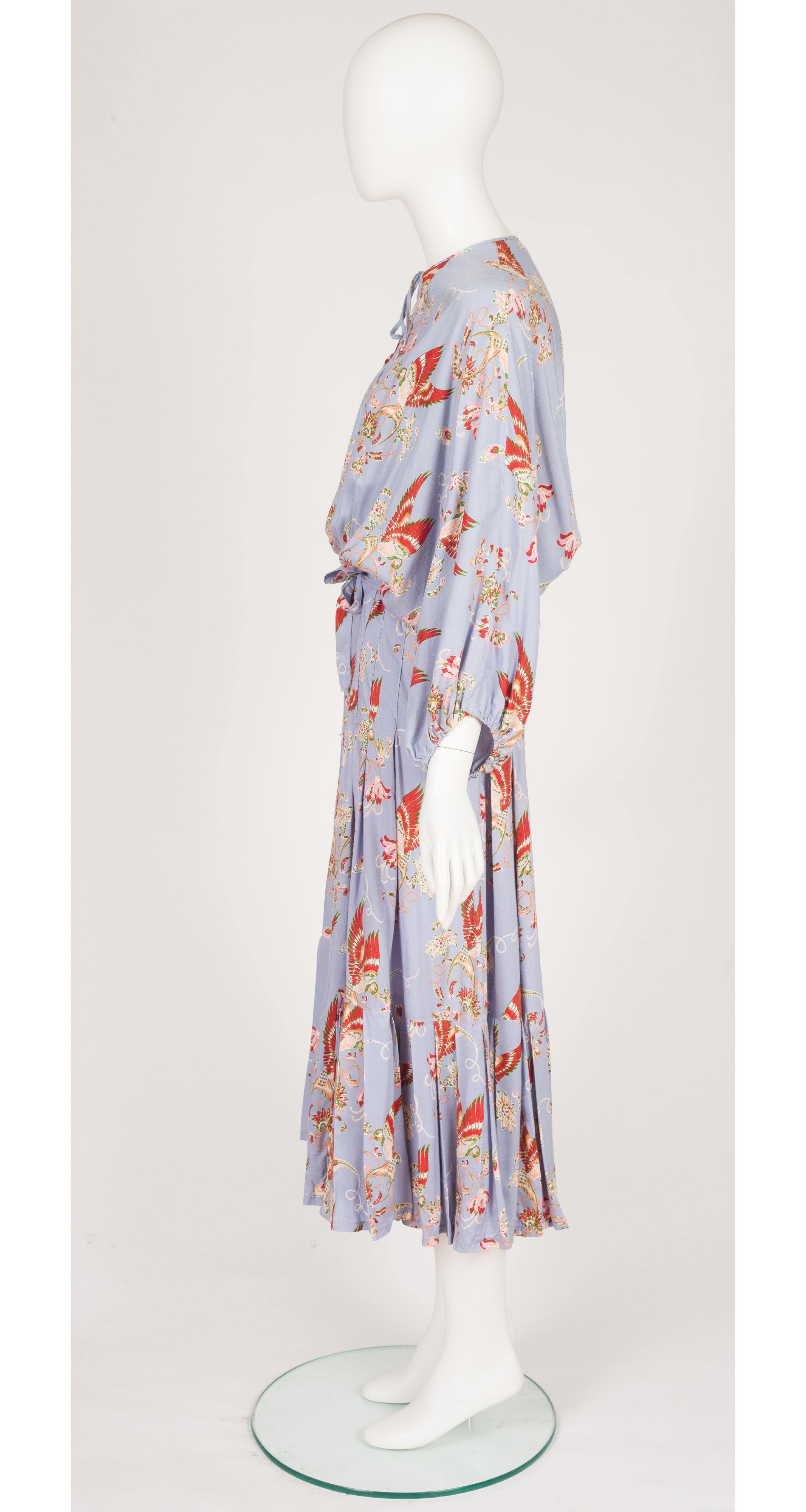 1970s Bird Print Powder Blue Dolman Sleeve Dress
