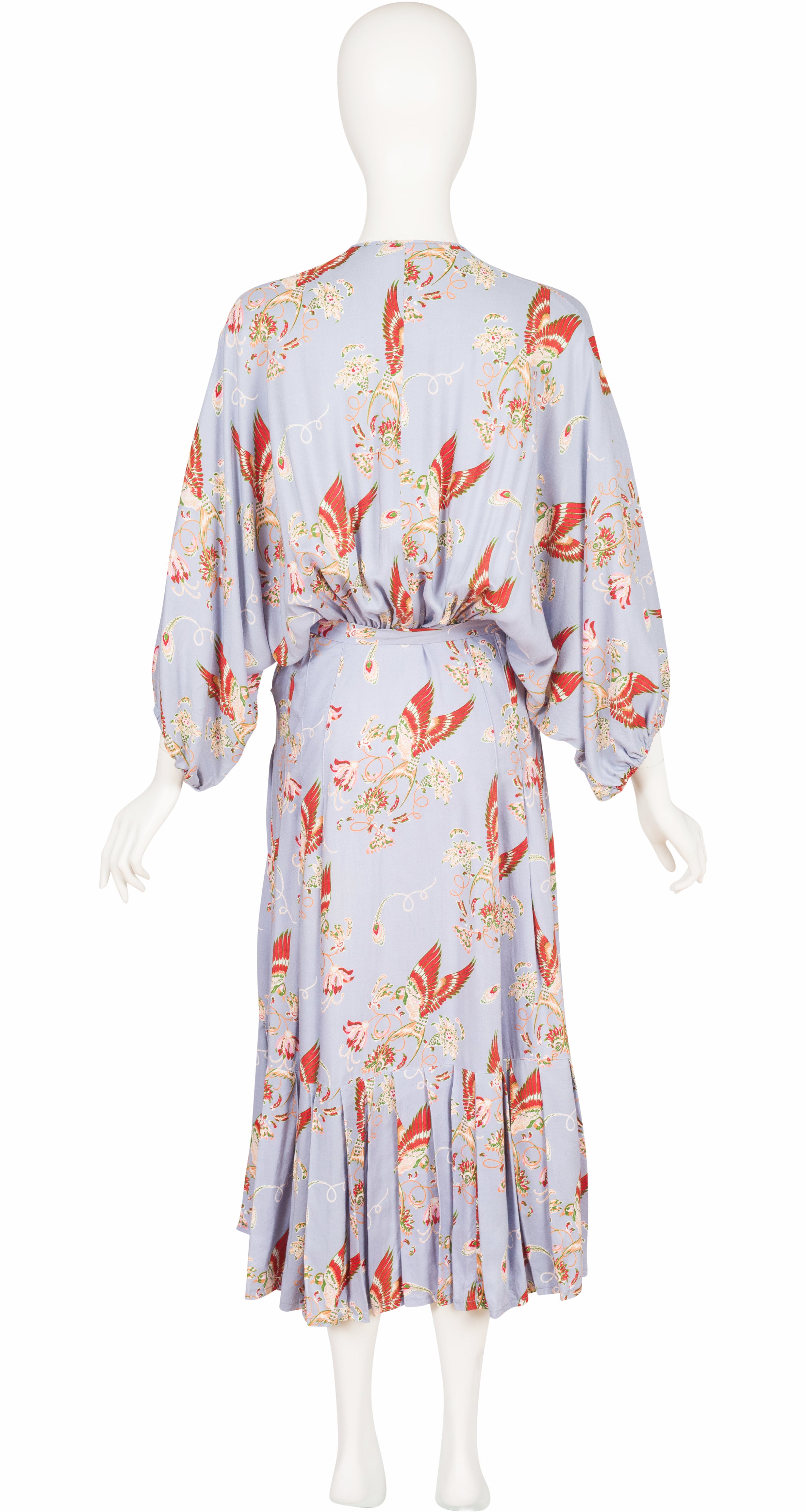 1970s Bird Print Powder Blue Dolman Sleeve Dress