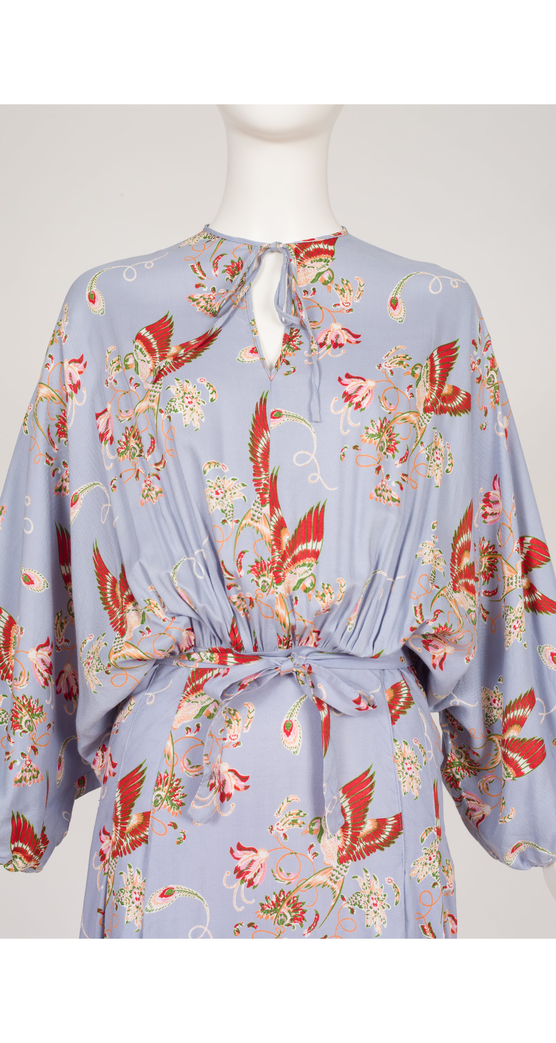 1970s Bird Print Powder Blue Dolman Sleeve Dress