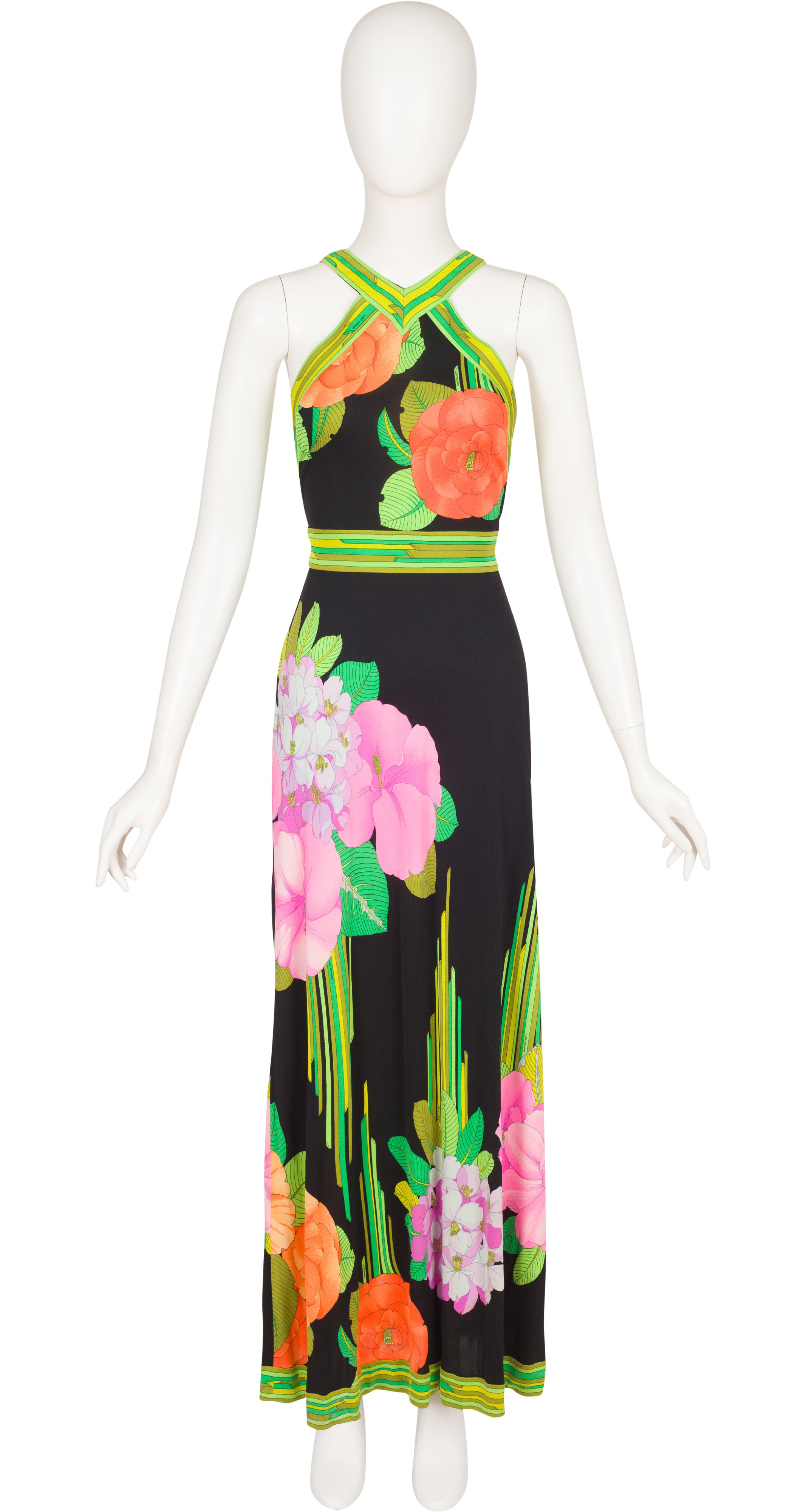 1974 Ad Campaign Floral Print Black Silk Jersey Maxi Dress