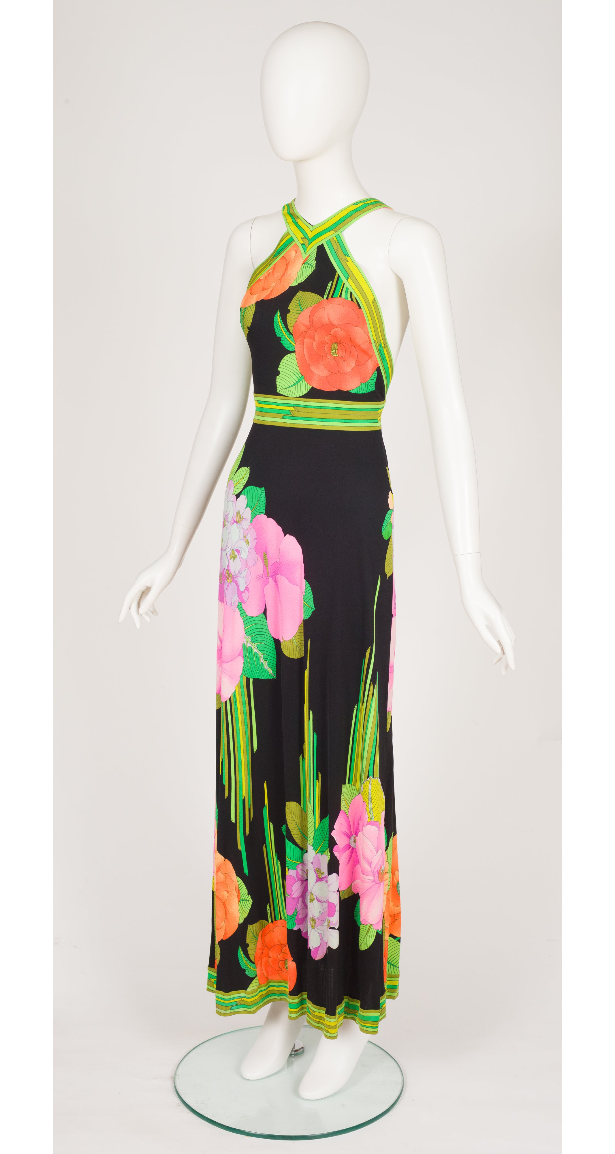 1974 Ad Campaign Floral Print Black Silk Jersey Maxi Dress