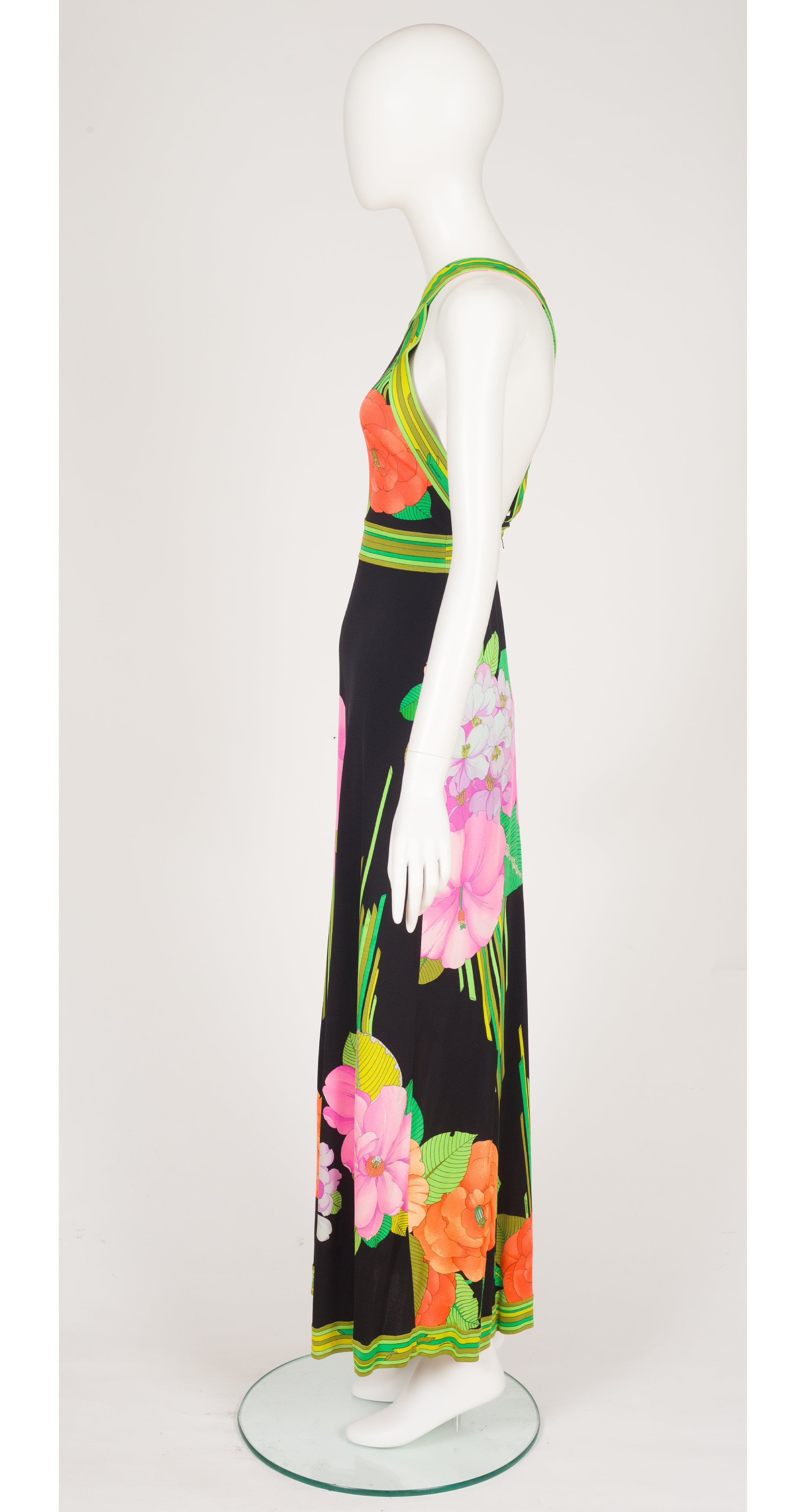 1974 Ad Campaign Floral Print Black Silk Jersey Maxi Dress