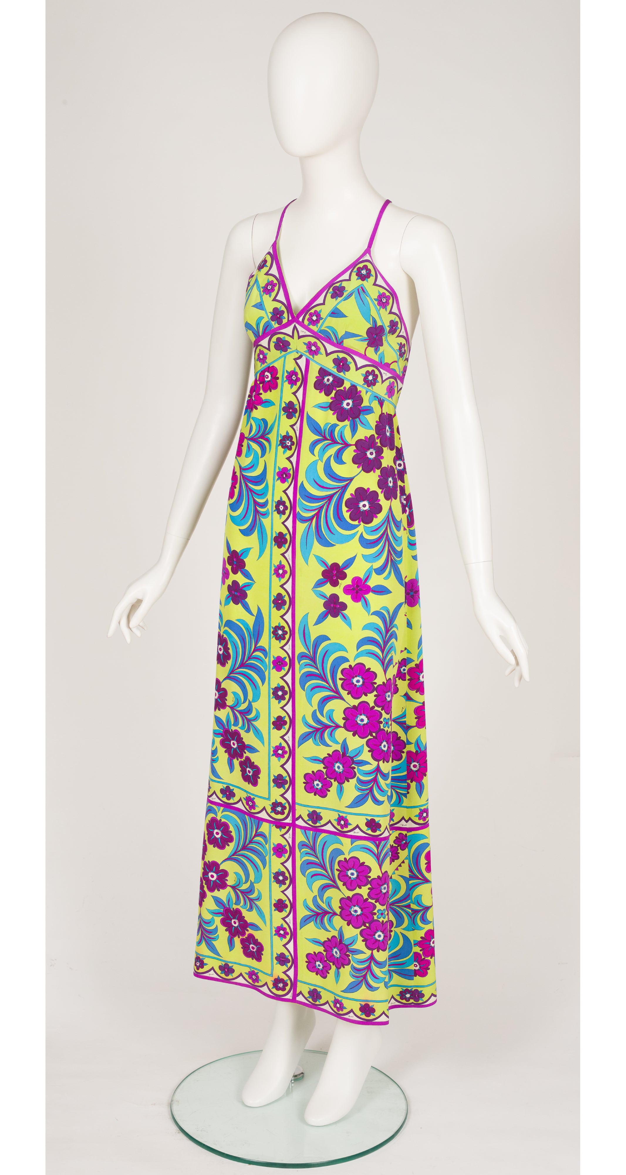 1974 S/S Floral Green Silk Cross-Back Maxi Dress