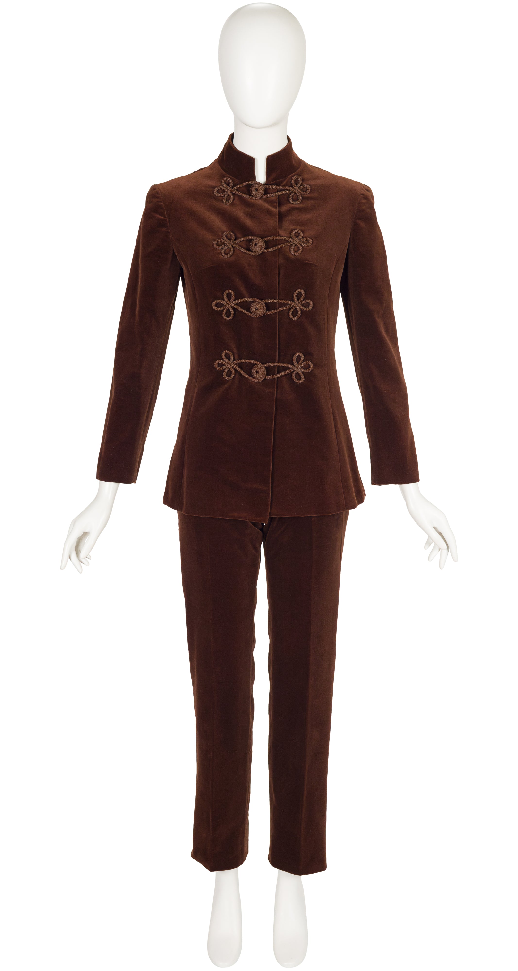 1960s Brown Cotton Velvet Frog Closure Pant Suit