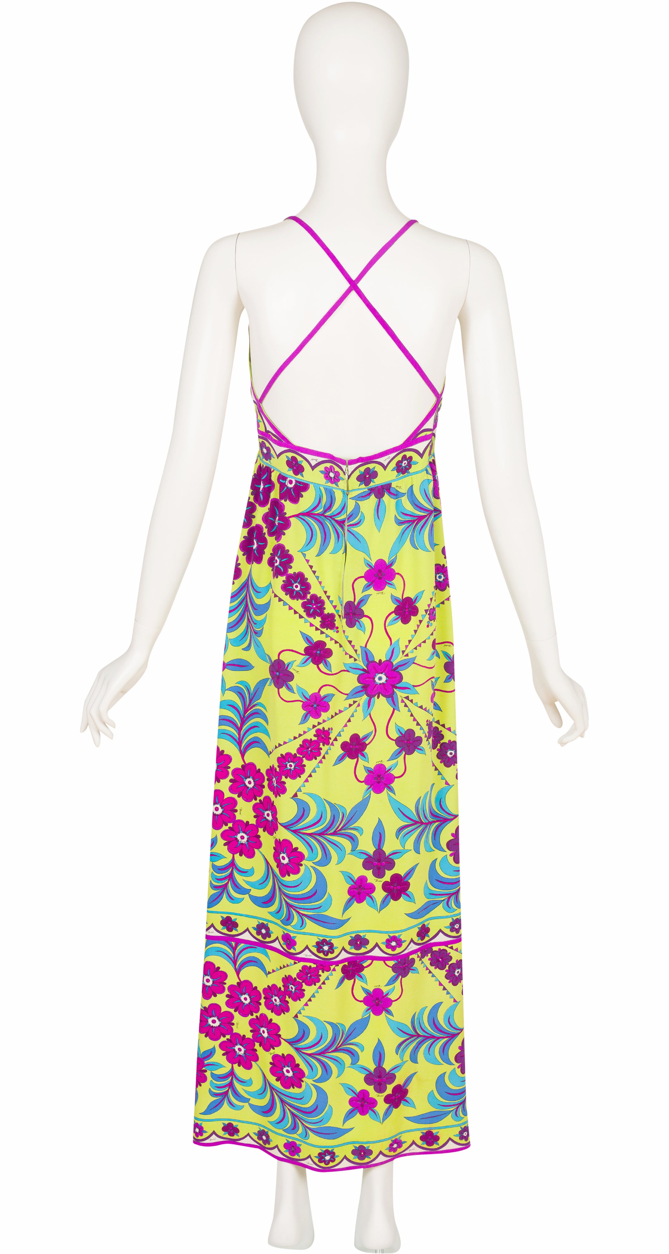 1974 S/S Floral Green Silk Cross-Back Maxi Dress