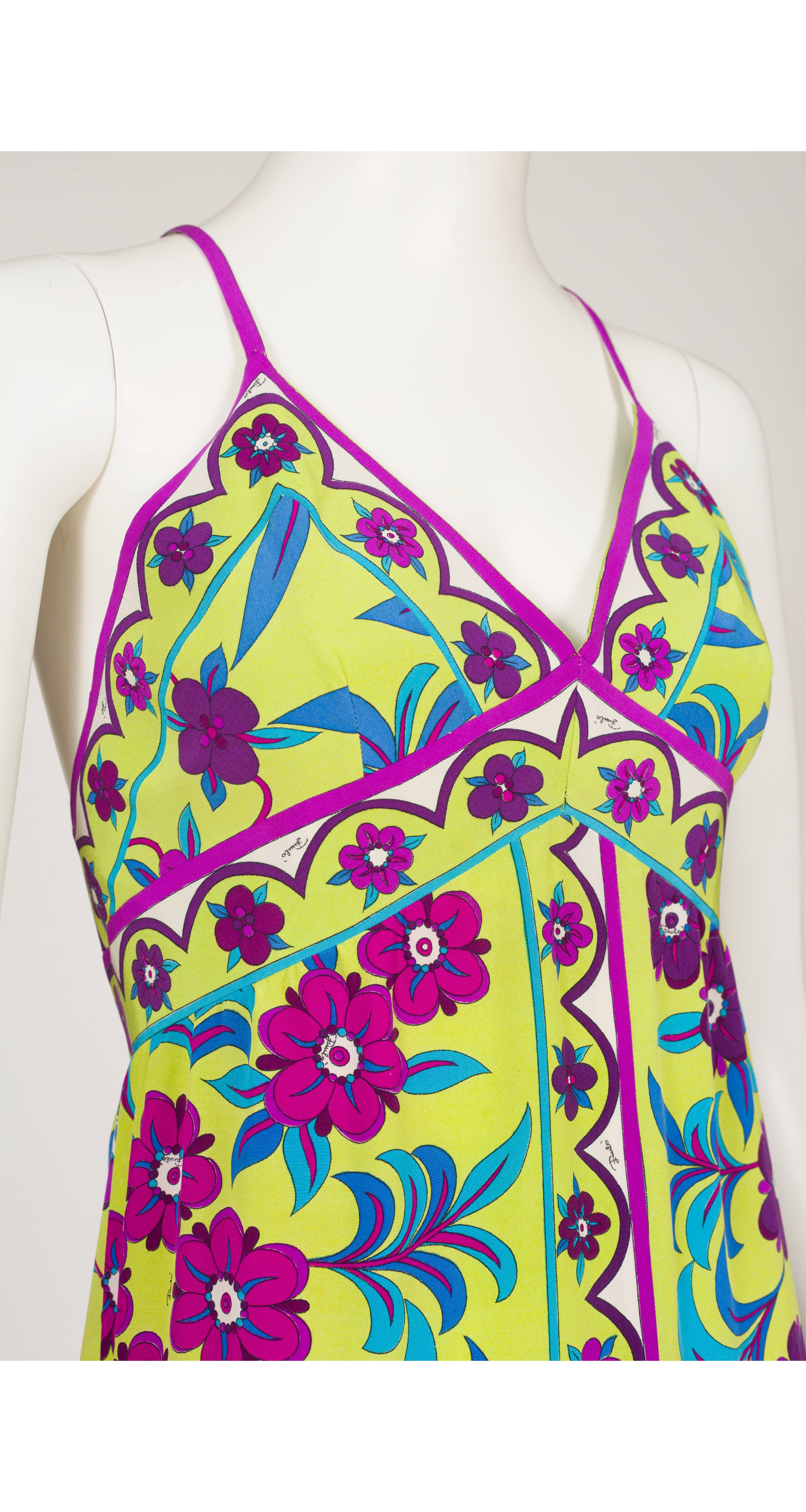 1974 S/S Floral Green Silk Cross-Back Maxi Dress