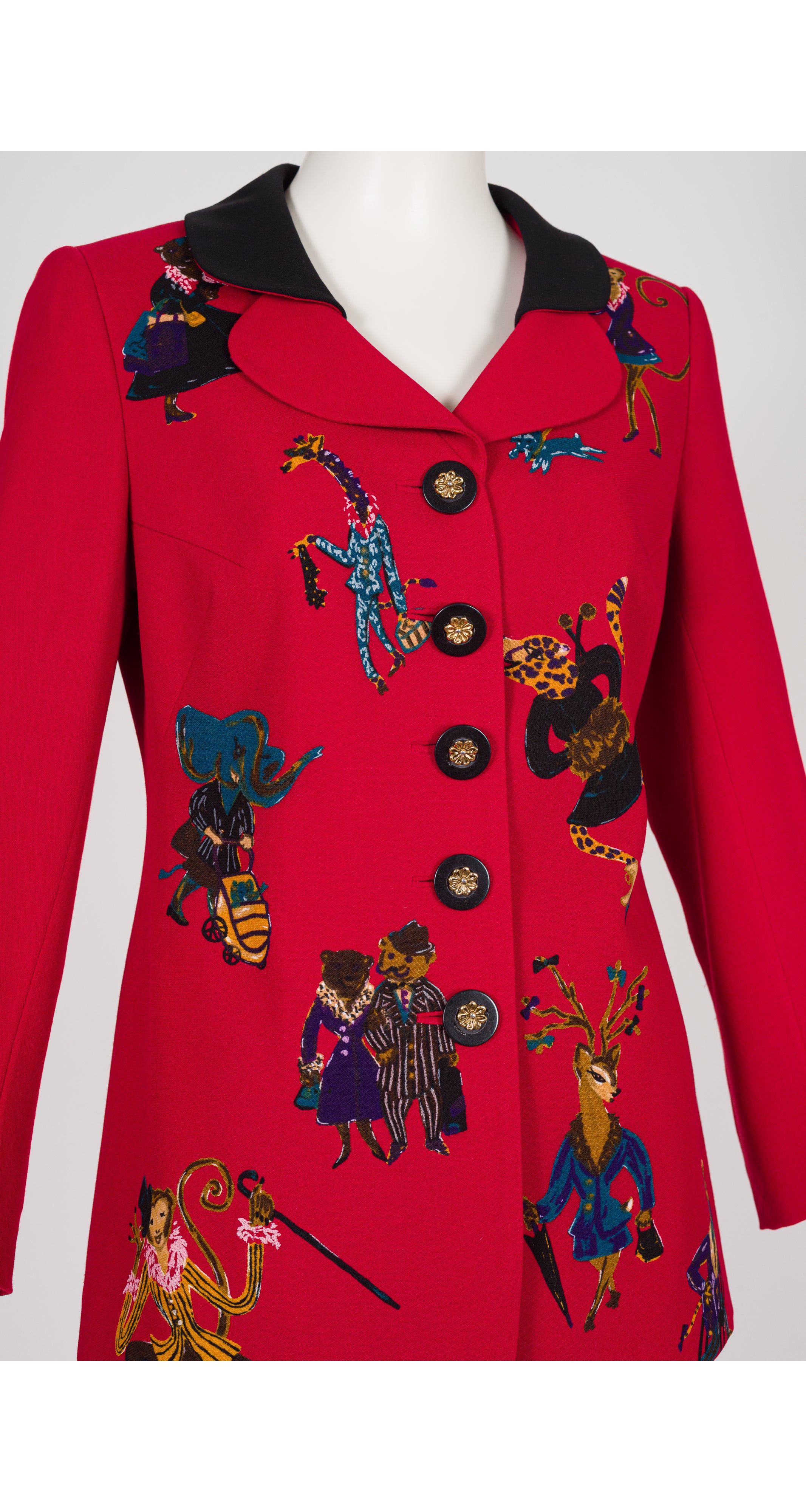 1990s Animal Novelty Print Red Wool Skirt Suit