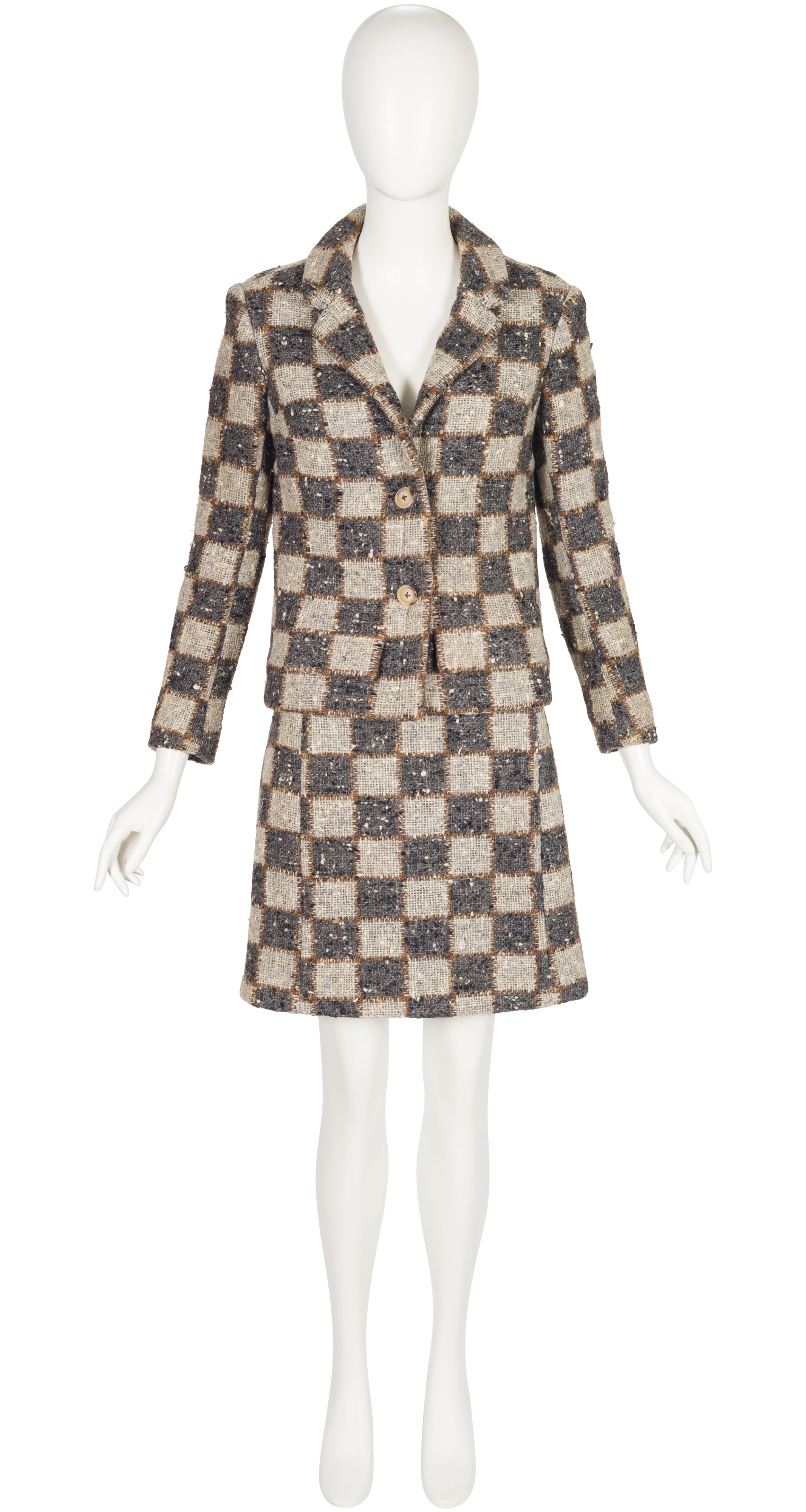 1966-67 F/W Checkered Gray Wool Bouclé Skirt Suit
