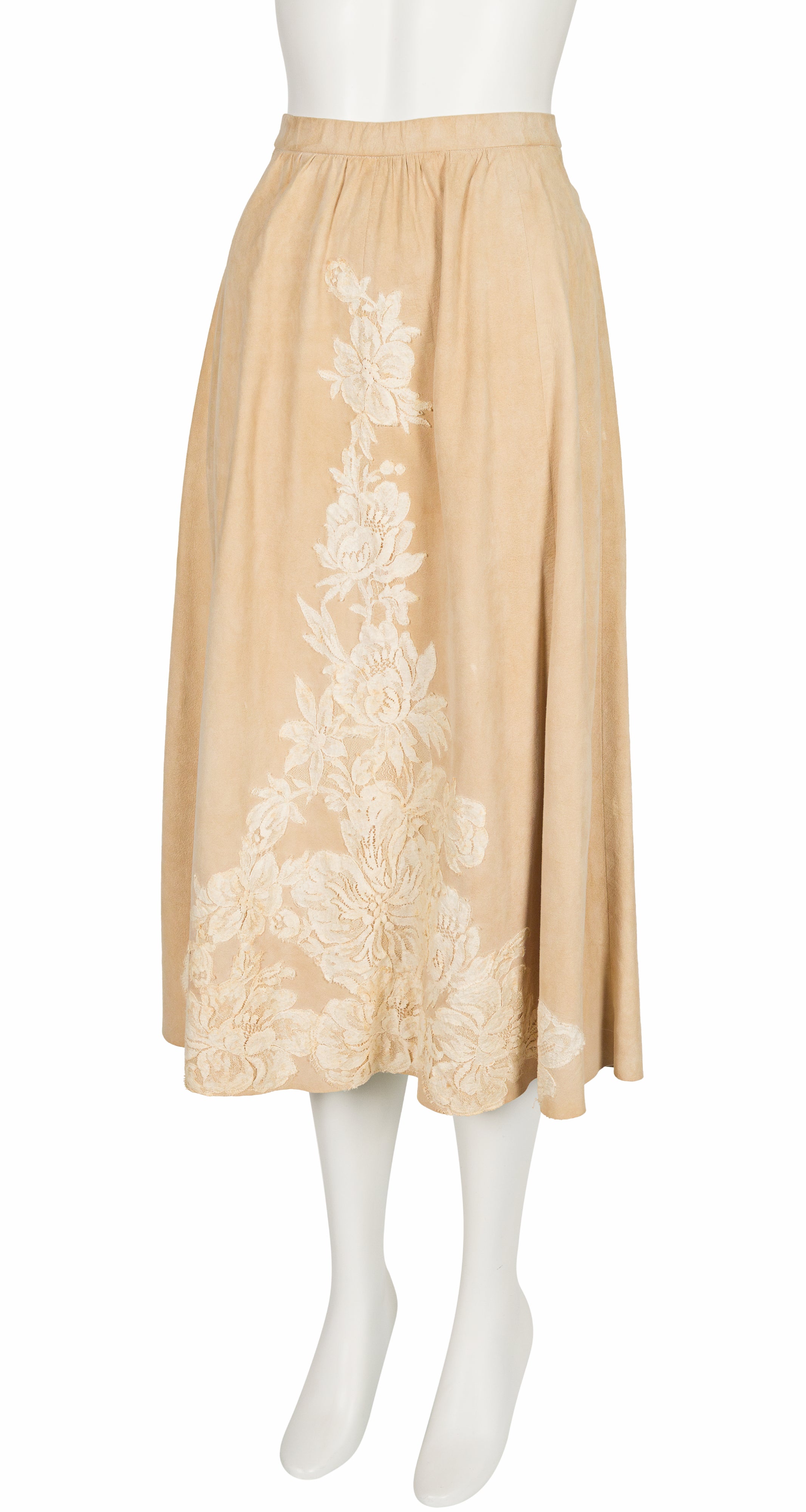 1970s Antique Lace Trim Suede Bell Sleeve Skirt Set