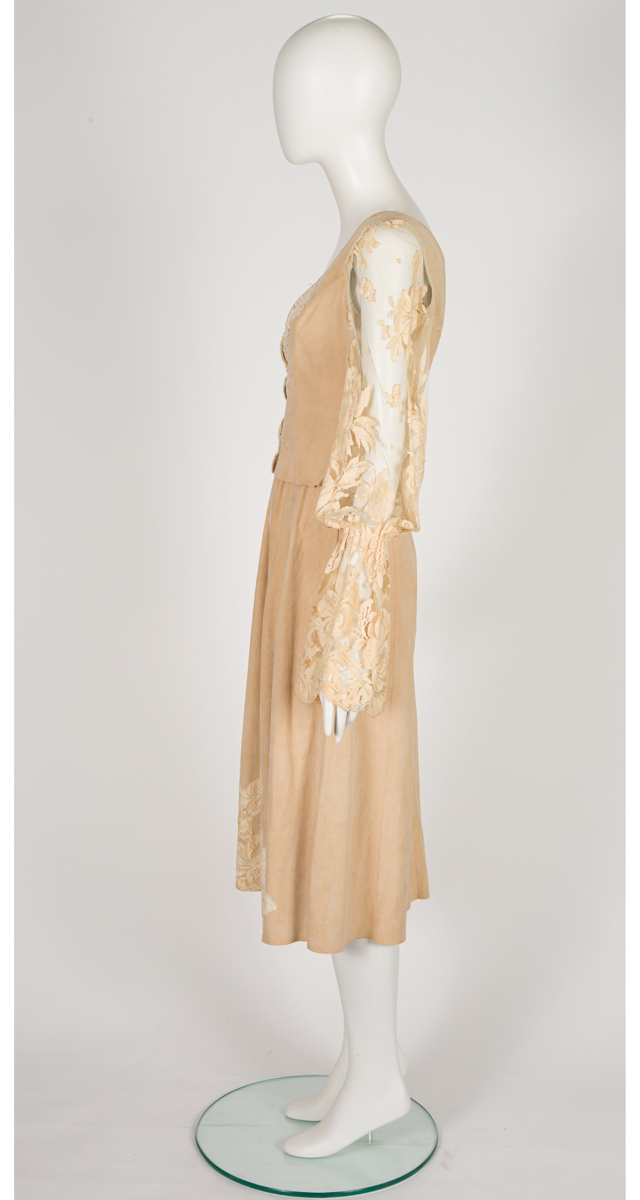 1970s Antique Lace Trim Suede Bell Sleeve Skirt Set