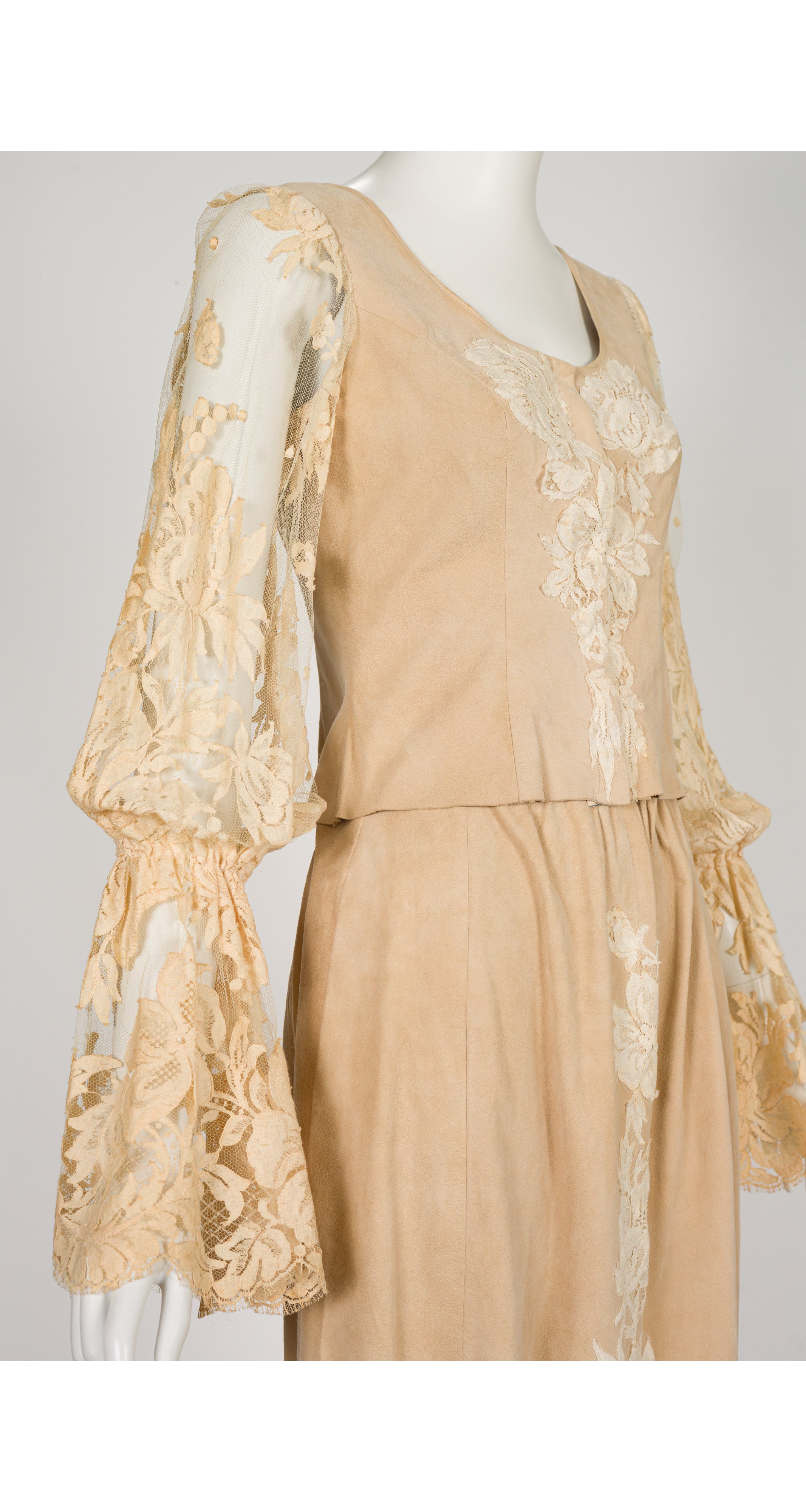 1970s Antique Lace Trim Suede Bell Sleeve Skirt Set