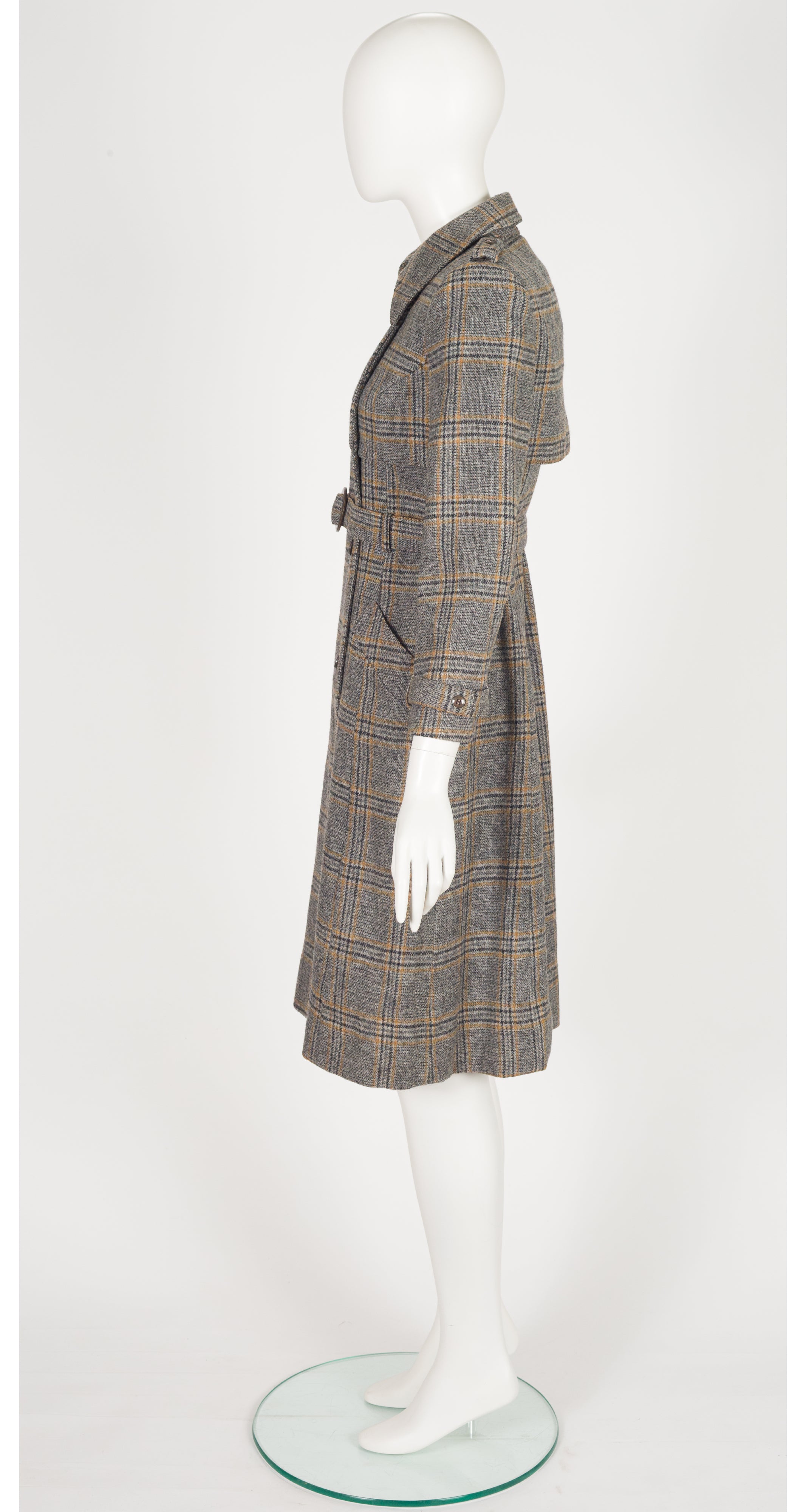 1970s Gray Plaid Wool Double-Breasted Trench Coat
