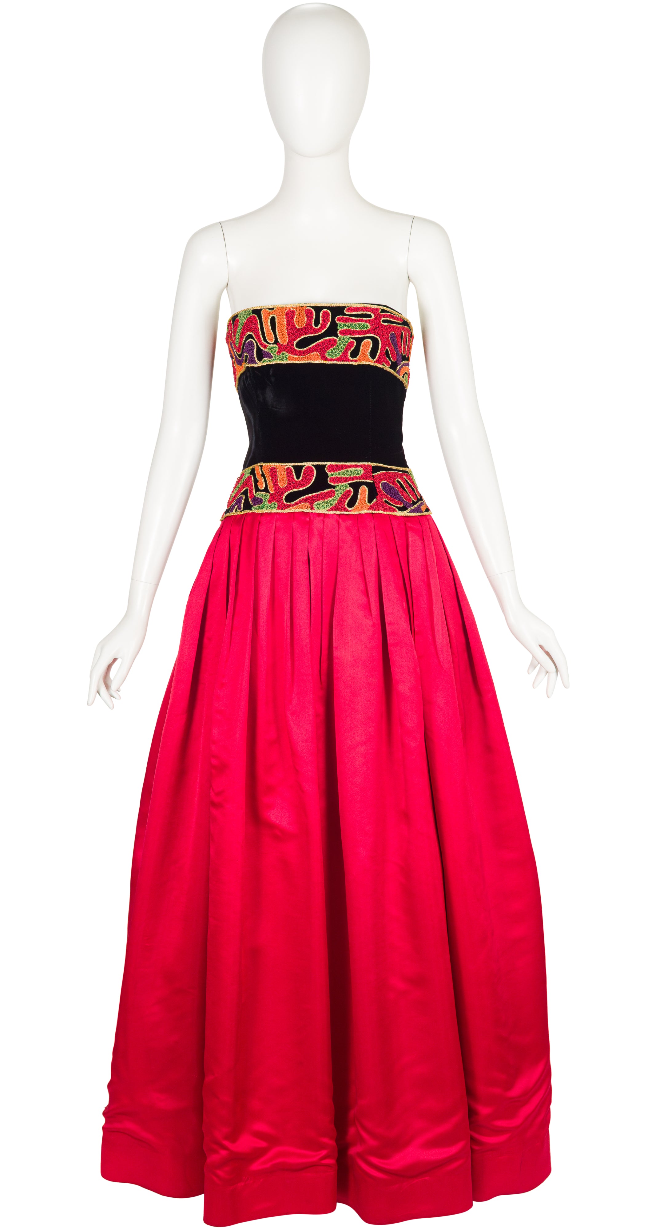 1980s Abstract Soutache Trim Red Silk Satin Bustier Gown