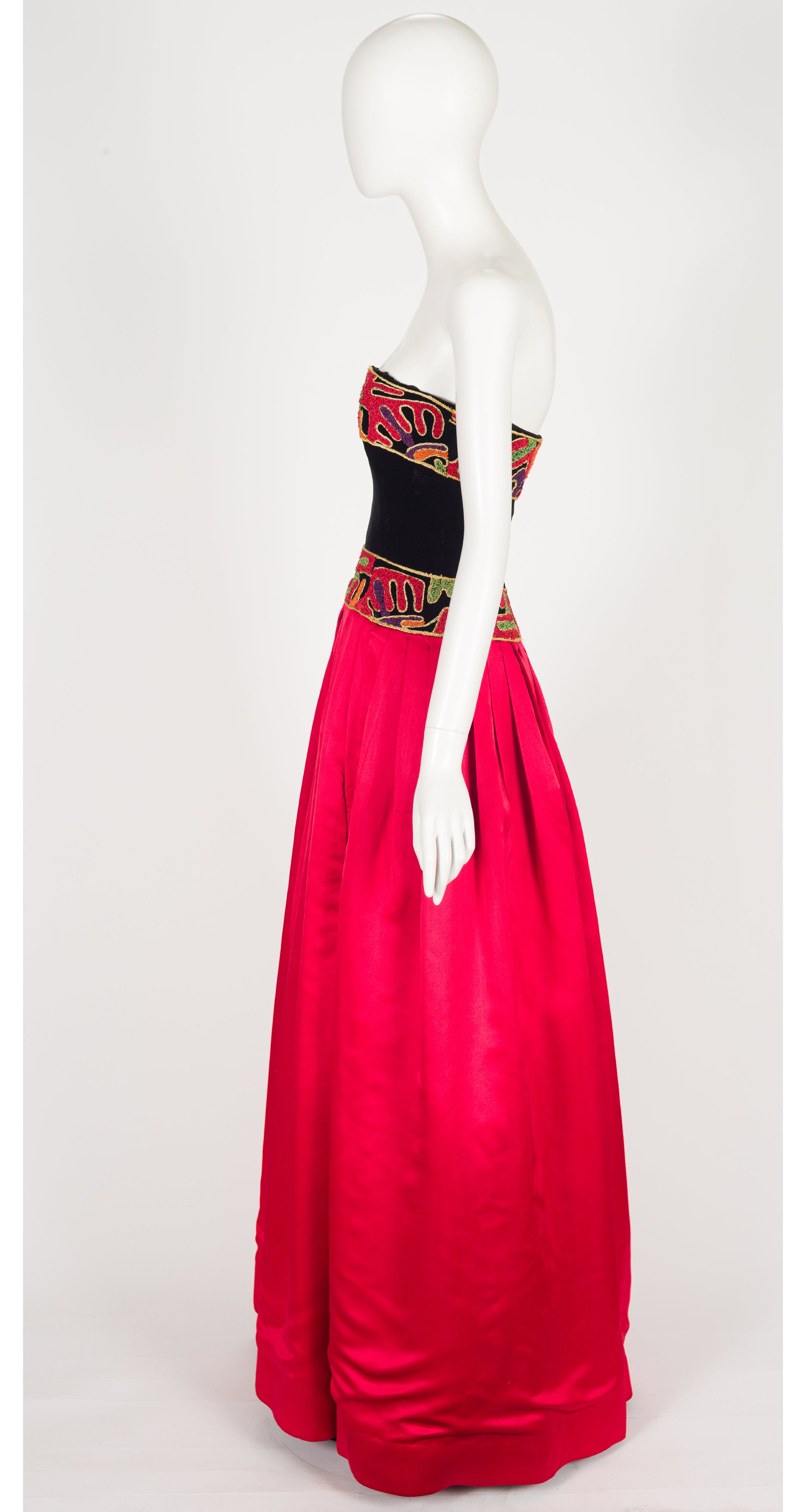 1980s Abstract Soutache Trim Red Silk Satin Bustier Gown