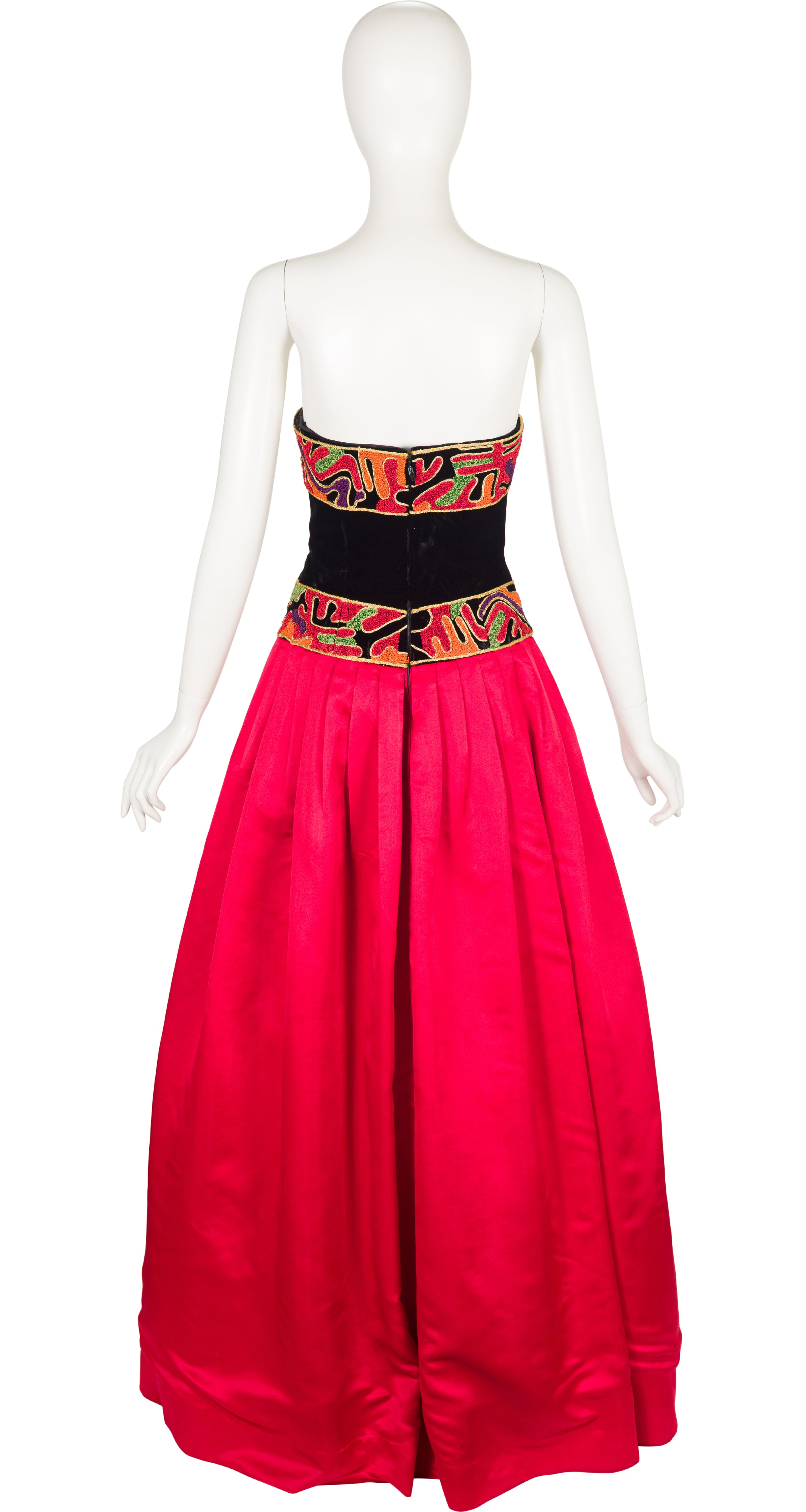 1980s Abstract Soutache Trim Red Silk Satin Bustier Gown