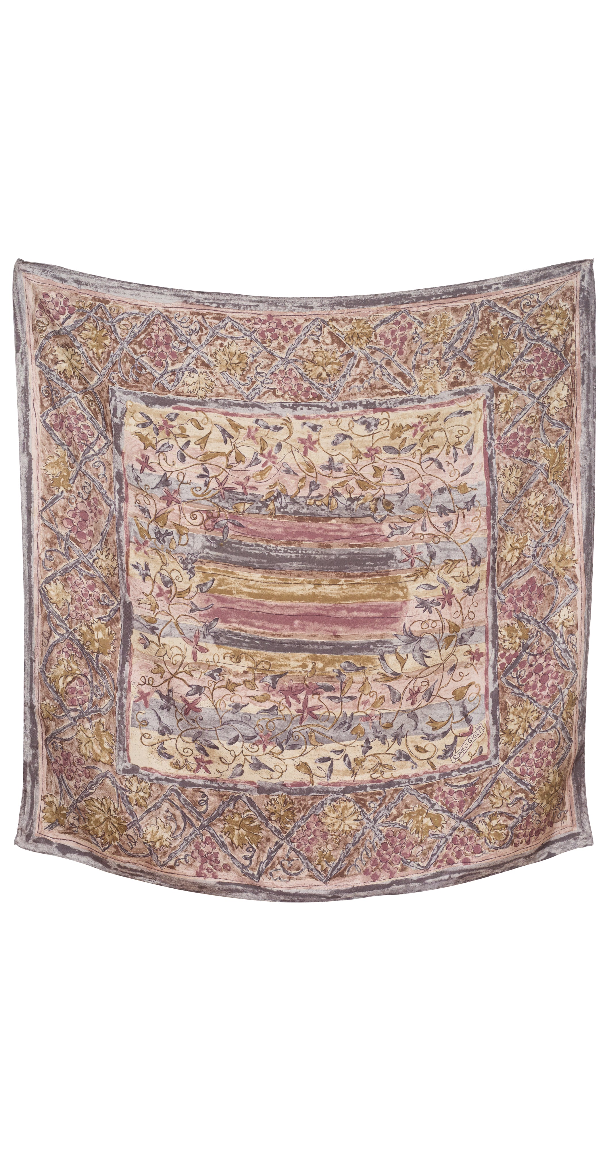 1990s Grapevine Print Earth Tone Silk Twill Scarf