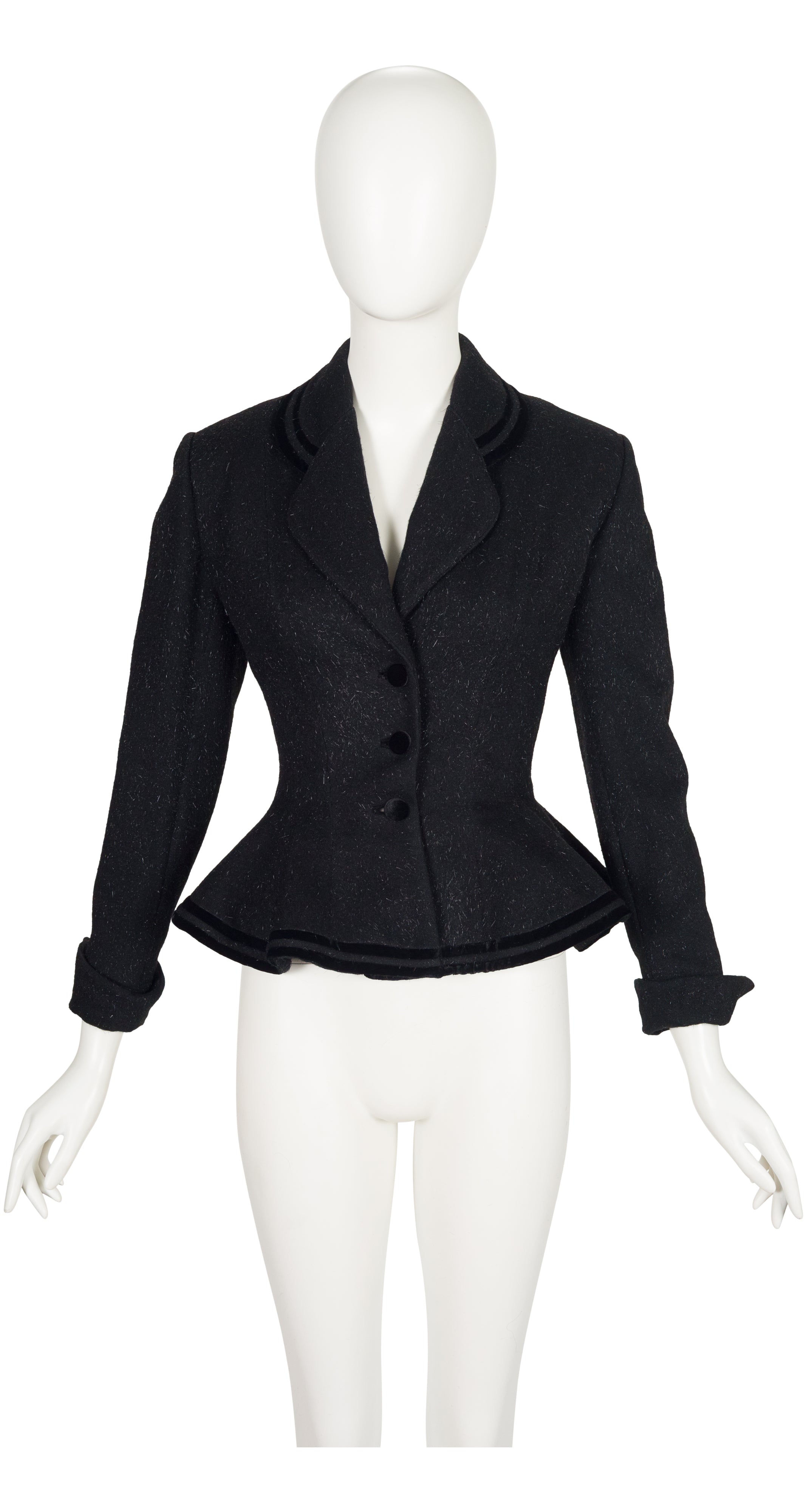 1950s Black Mohair Velvet Trim Peplum Jacket