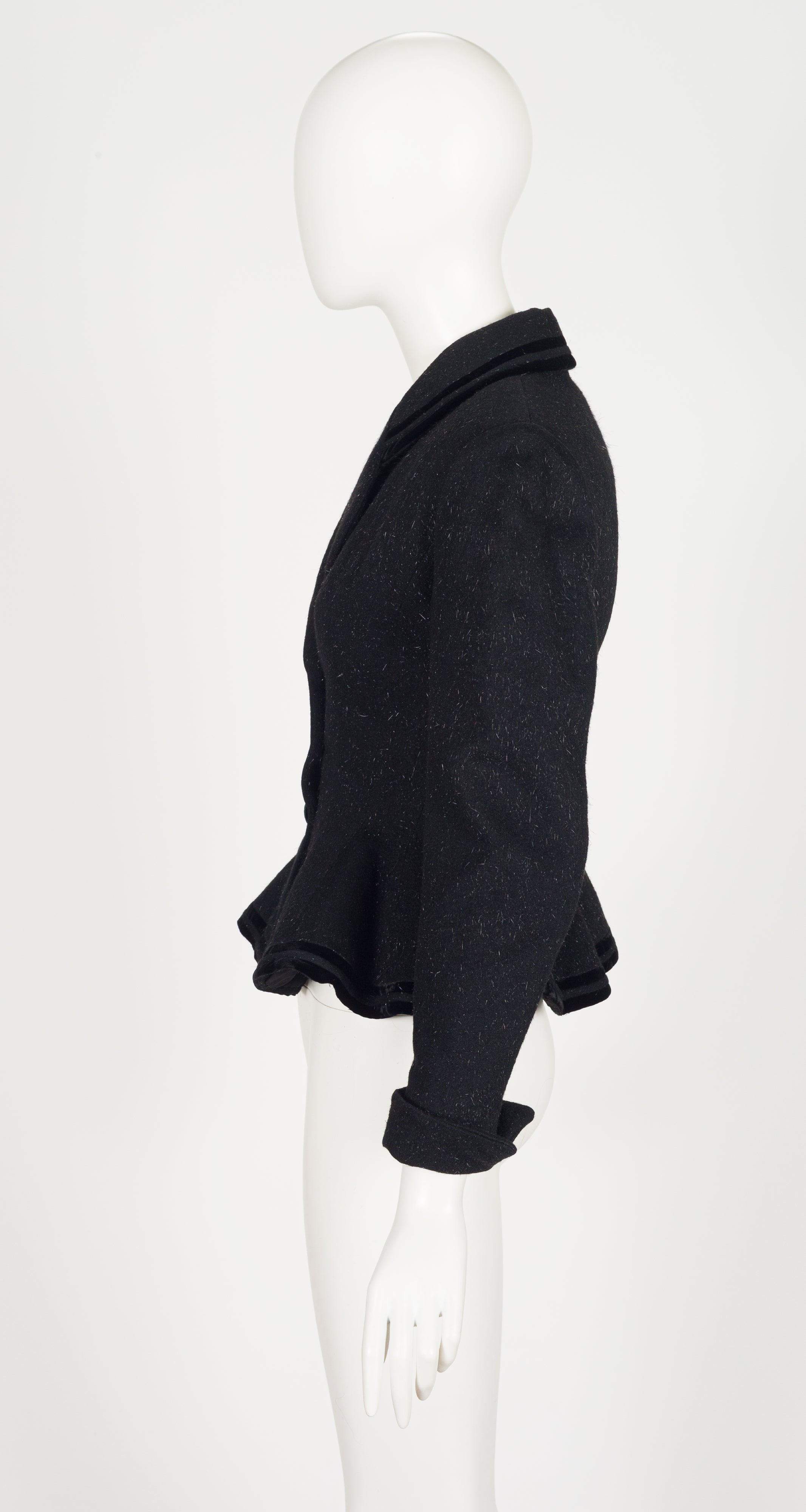 1950s Black Mohair Velvet Trim Peplum Jacket