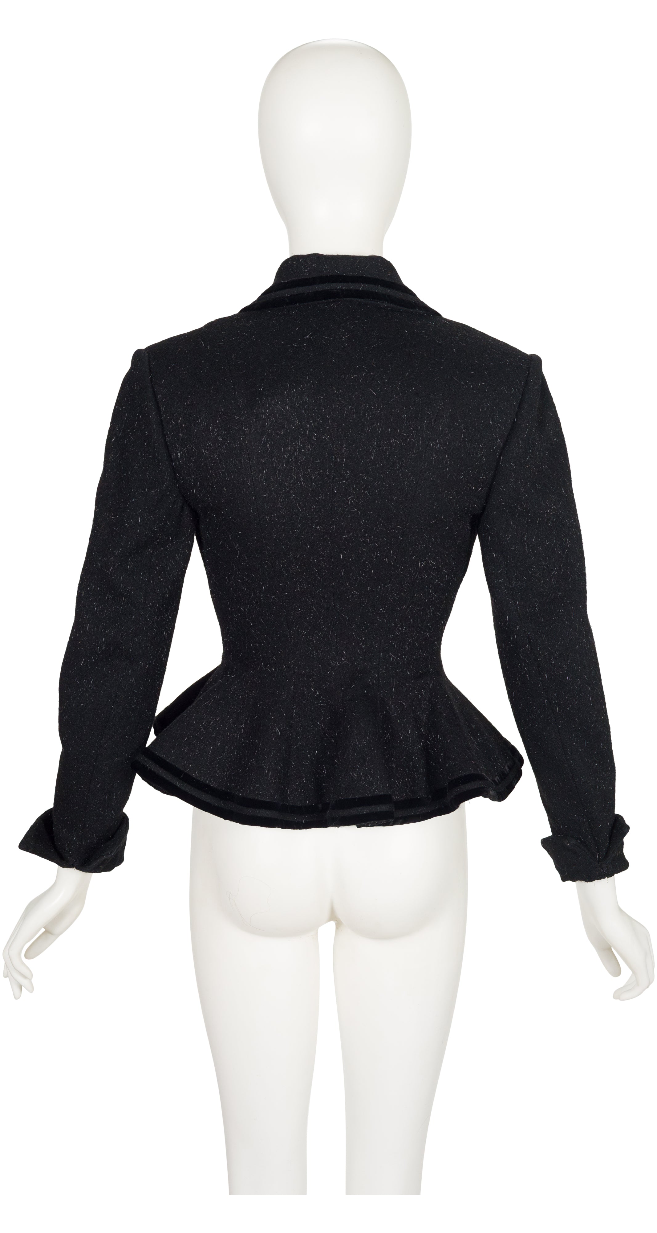 1950s Black Mohair Velvet Trim Peplum Jacket