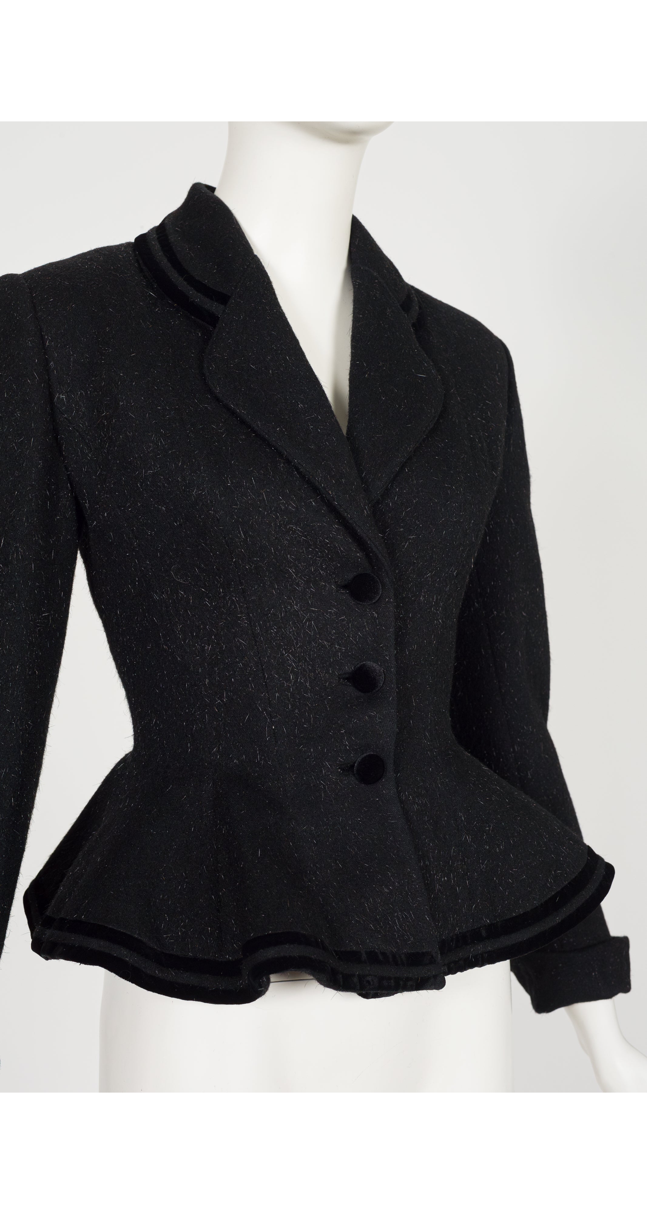 1950s Black Mohair Velvet Trim Peplum Jacket