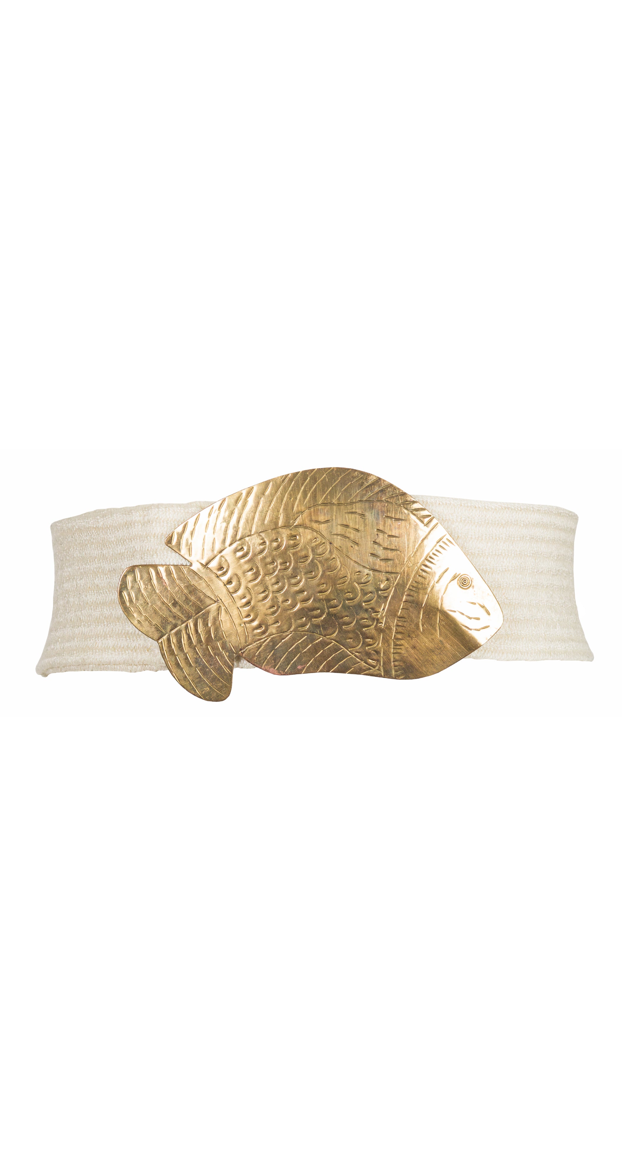 1980s Brass Fish Buckle Cream Adjustable Stretch Belt