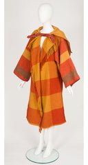 1980s Orange Plaid Wool Hooded Blanket Coat