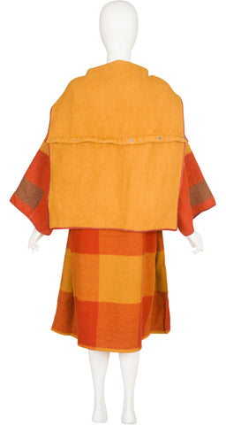 1980s Orange Plaid Wool Hooded Blanket Coat