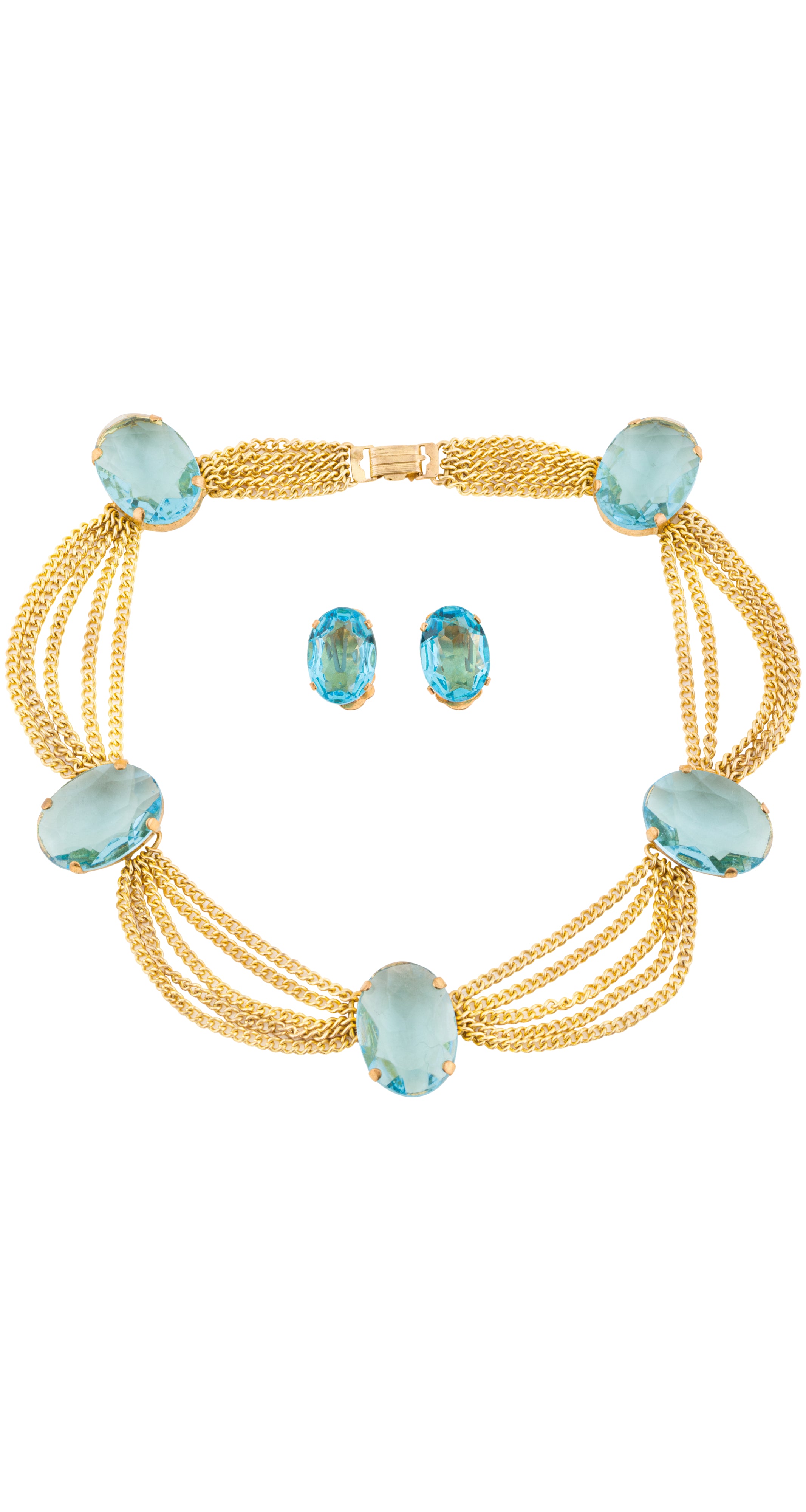 1950s Blue Topaz Glass Festoon Necklace & Earring Set