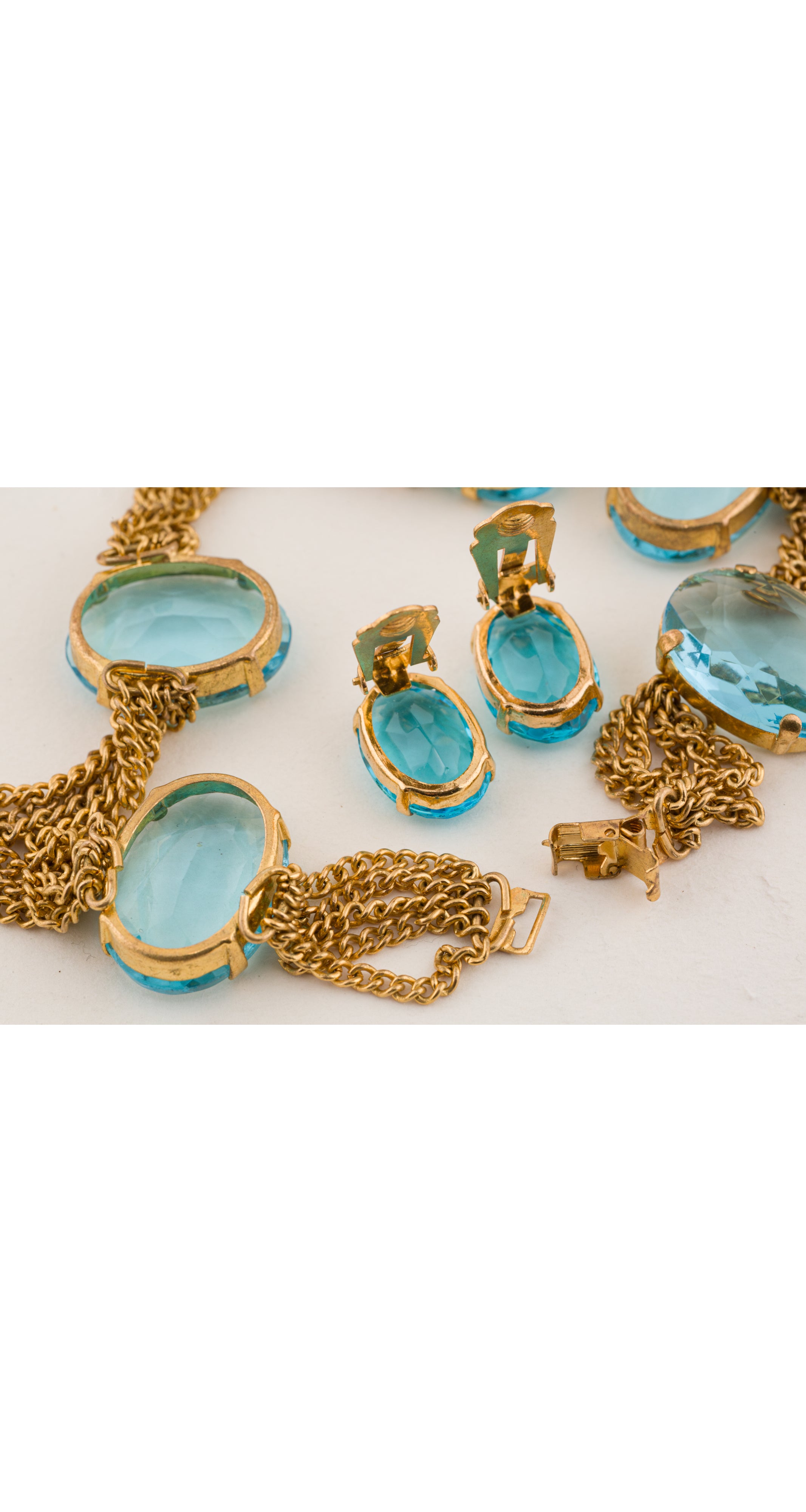 1950s Blue Topaz Glass Festoon Necklace & Earring Set