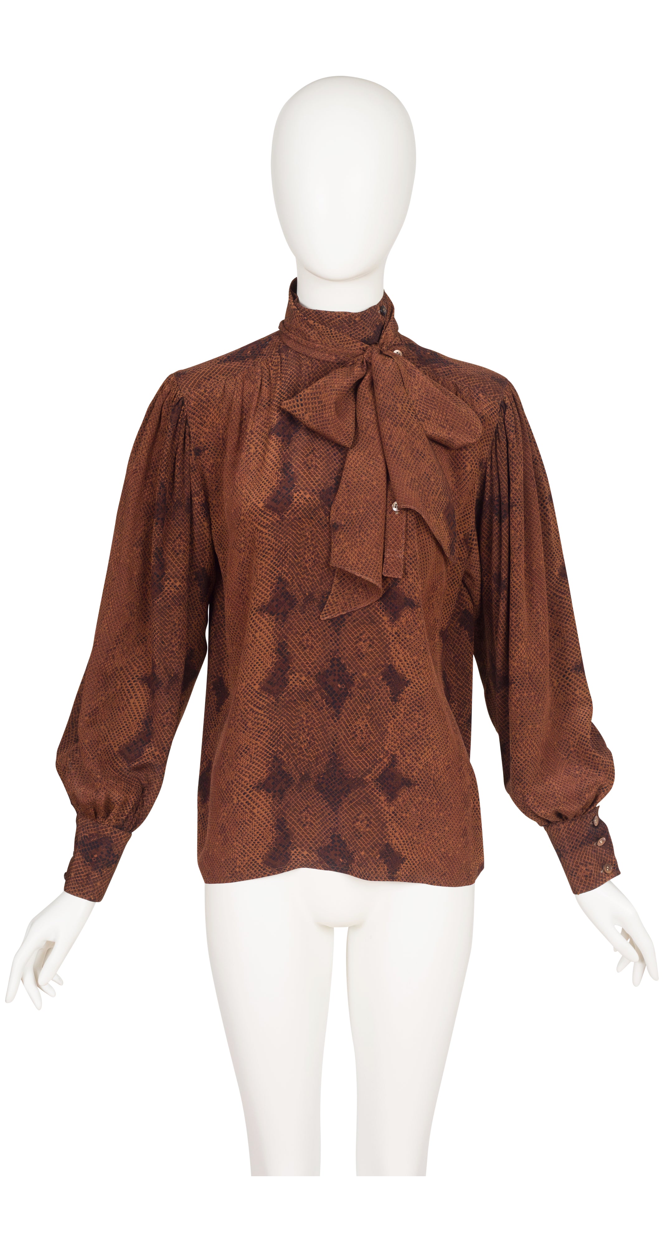 1980s Python Print Brown Silk Tie-Neck Blouse