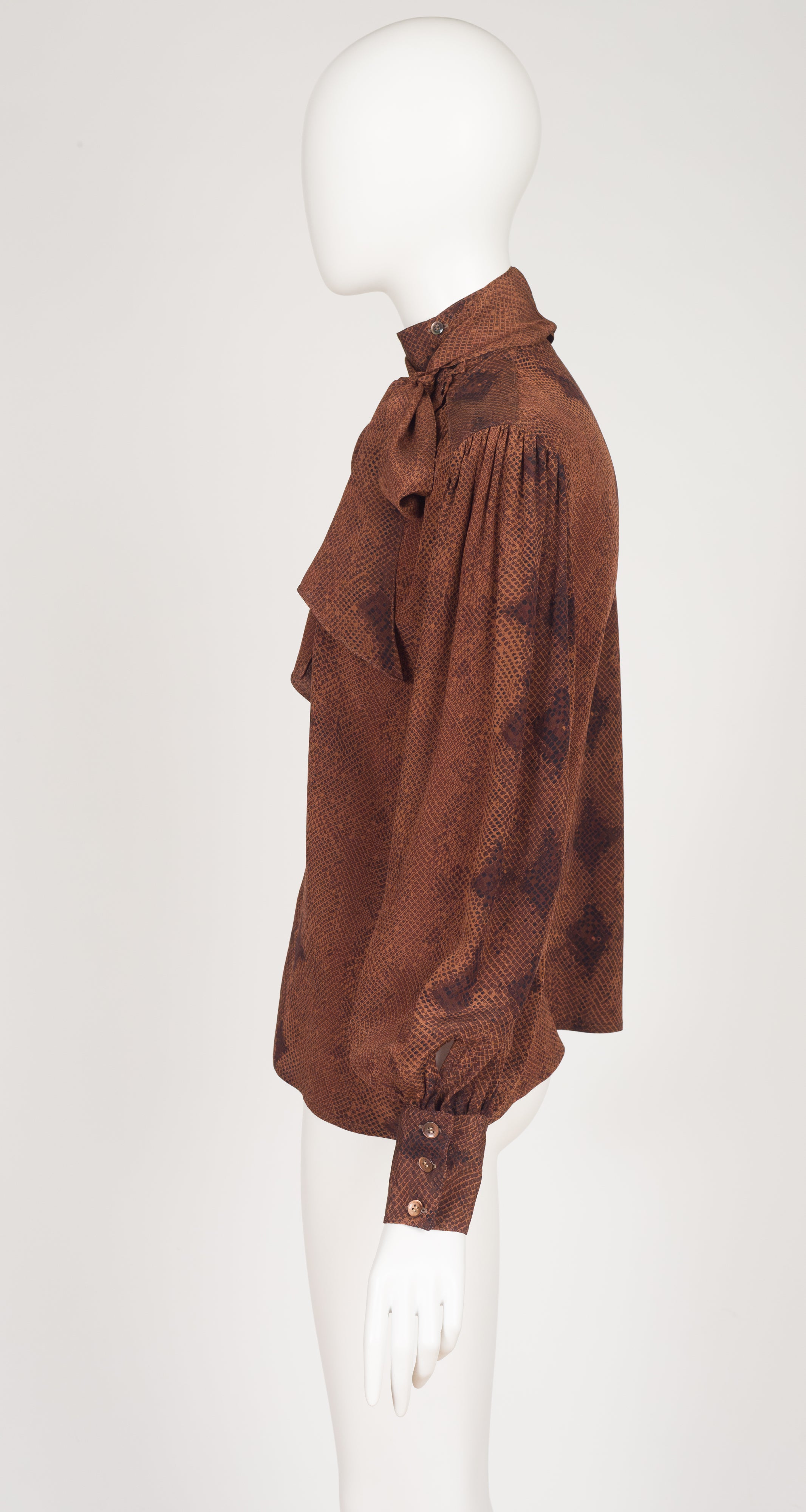 1980s Python Print Brown Silk Tie-Neck Blouse
