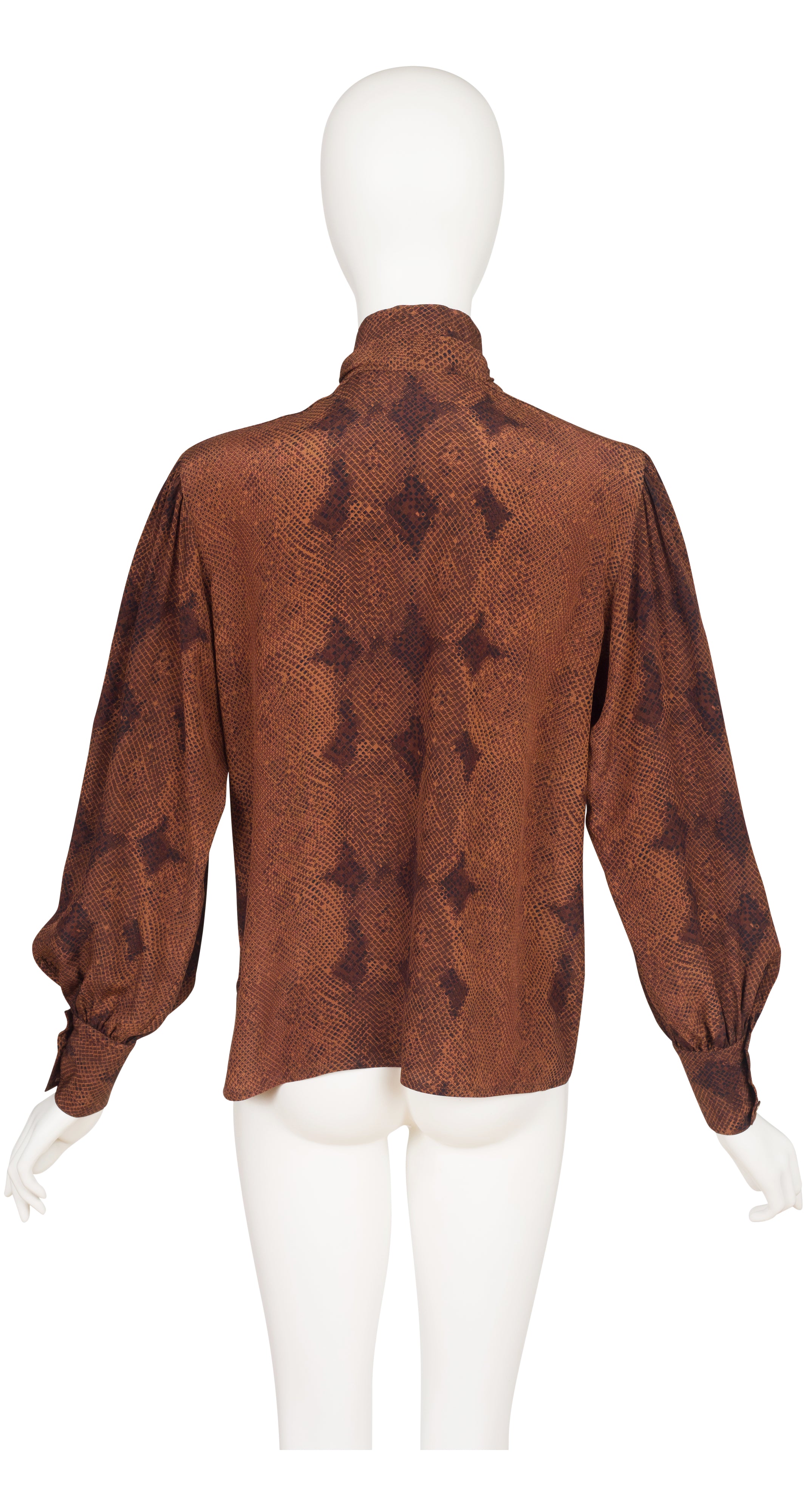 1980s Python Print Brown Silk Tie-Neck Blouse