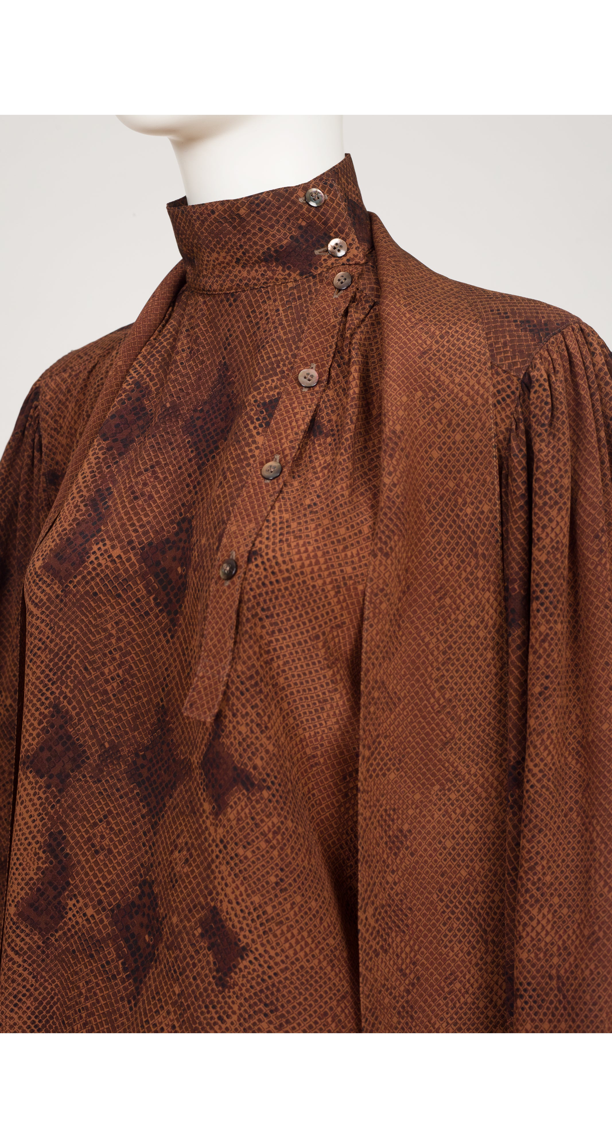 1980s Python Print Brown Silk Tie-Neck Blouse
