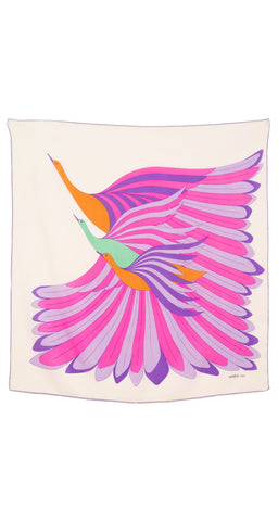 1970s Stylized Bird Print Silk Scarf