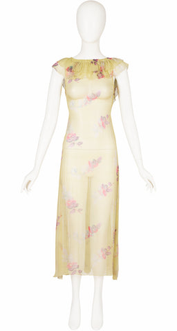 1930s Leaf Print Chartreuse Silk Chiffon Ruffle Collar Dress