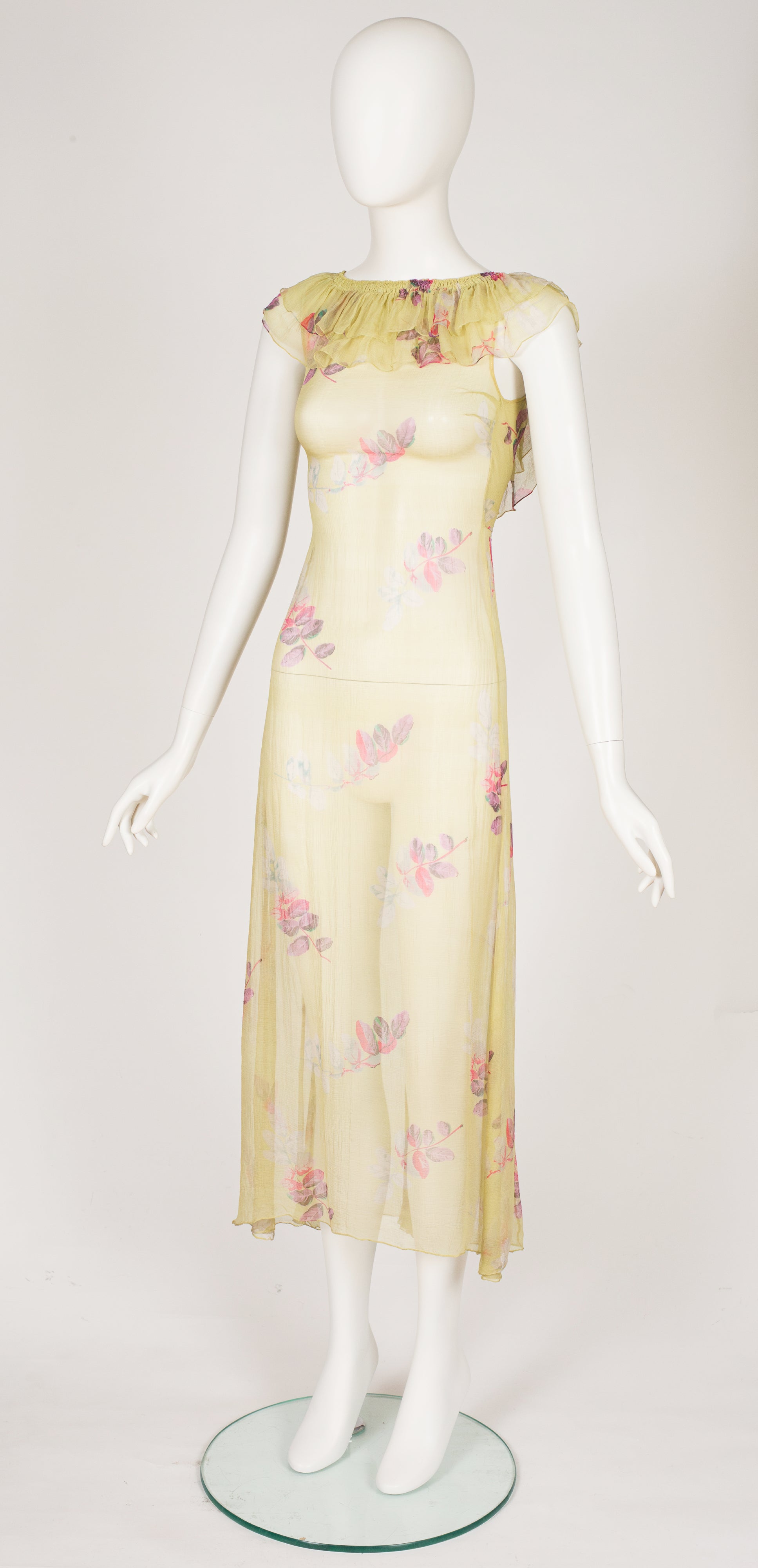 1930s Leaf Print Chartreuse Silk Chiffon Ruffle Collar Dress