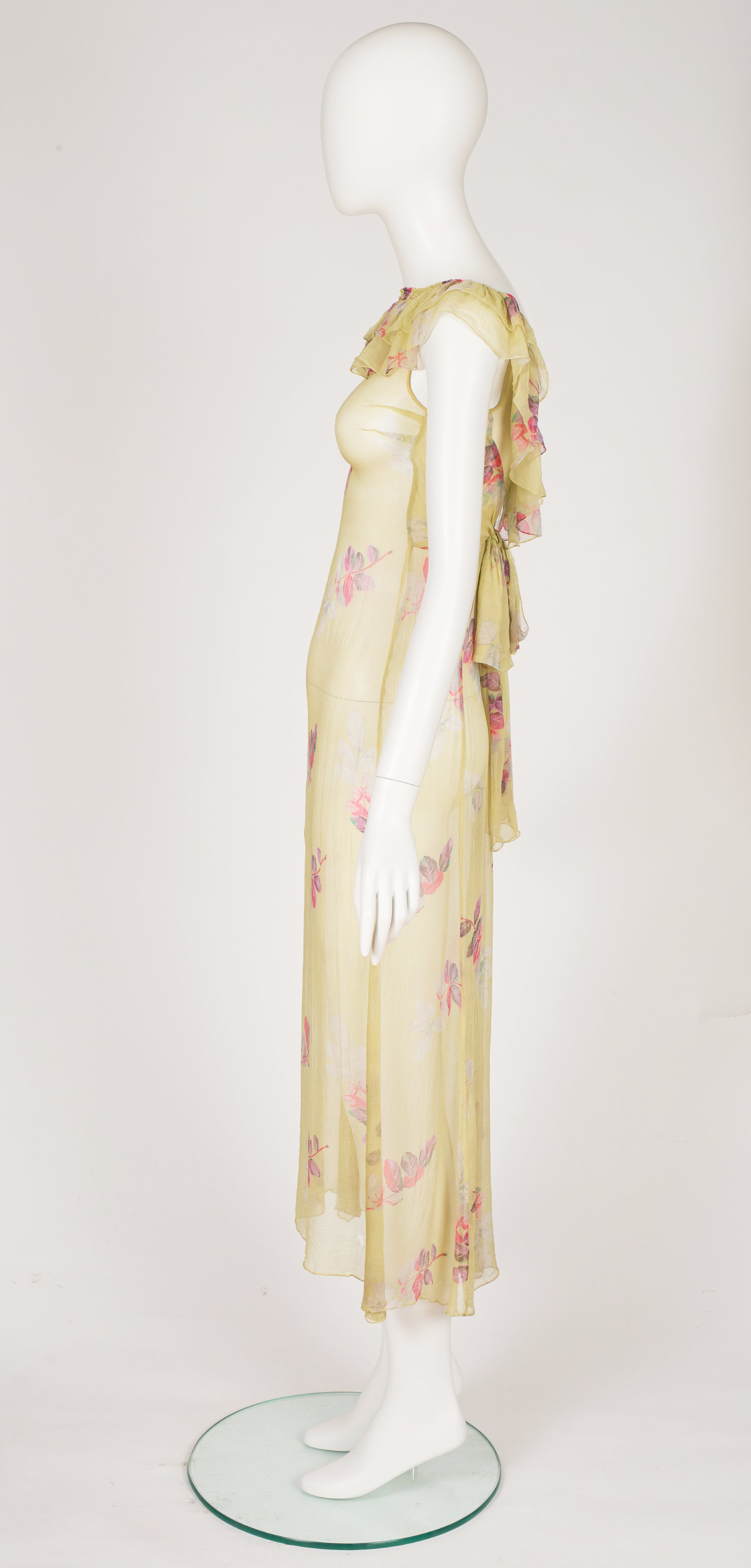 1930s Leaf Print Chartreuse Silk Chiffon Ruffle Collar Dress