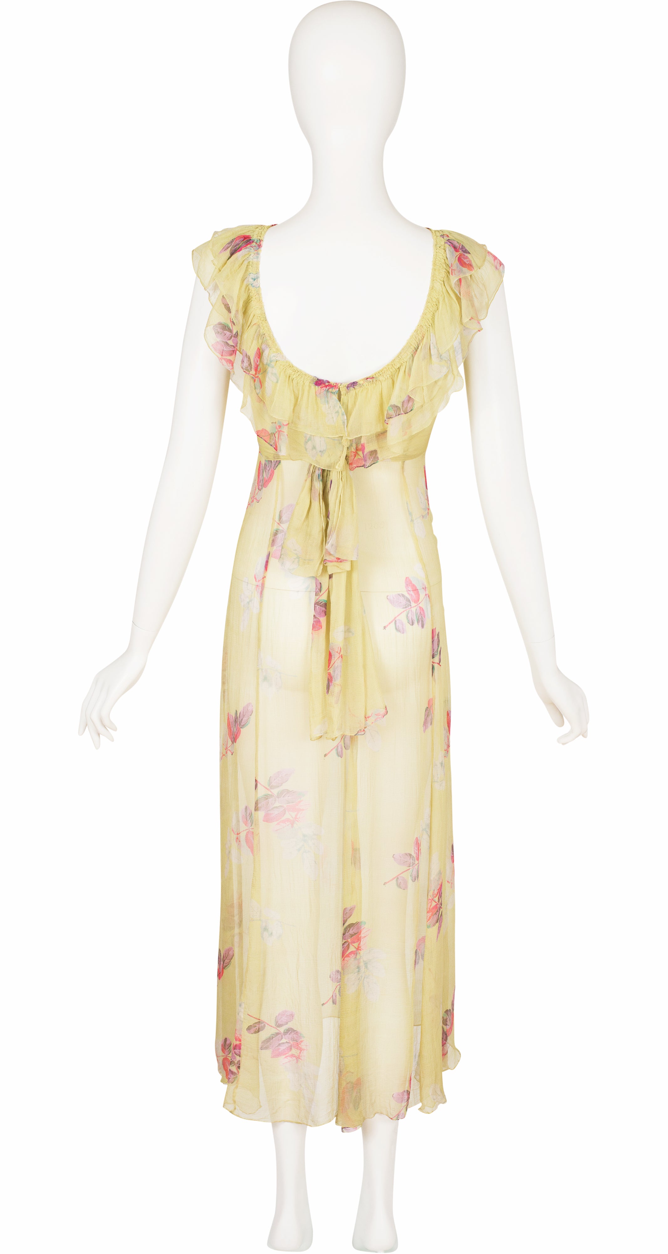 1930s Leaf Print Chartreuse Silk Chiffon Ruffle Collar Dress