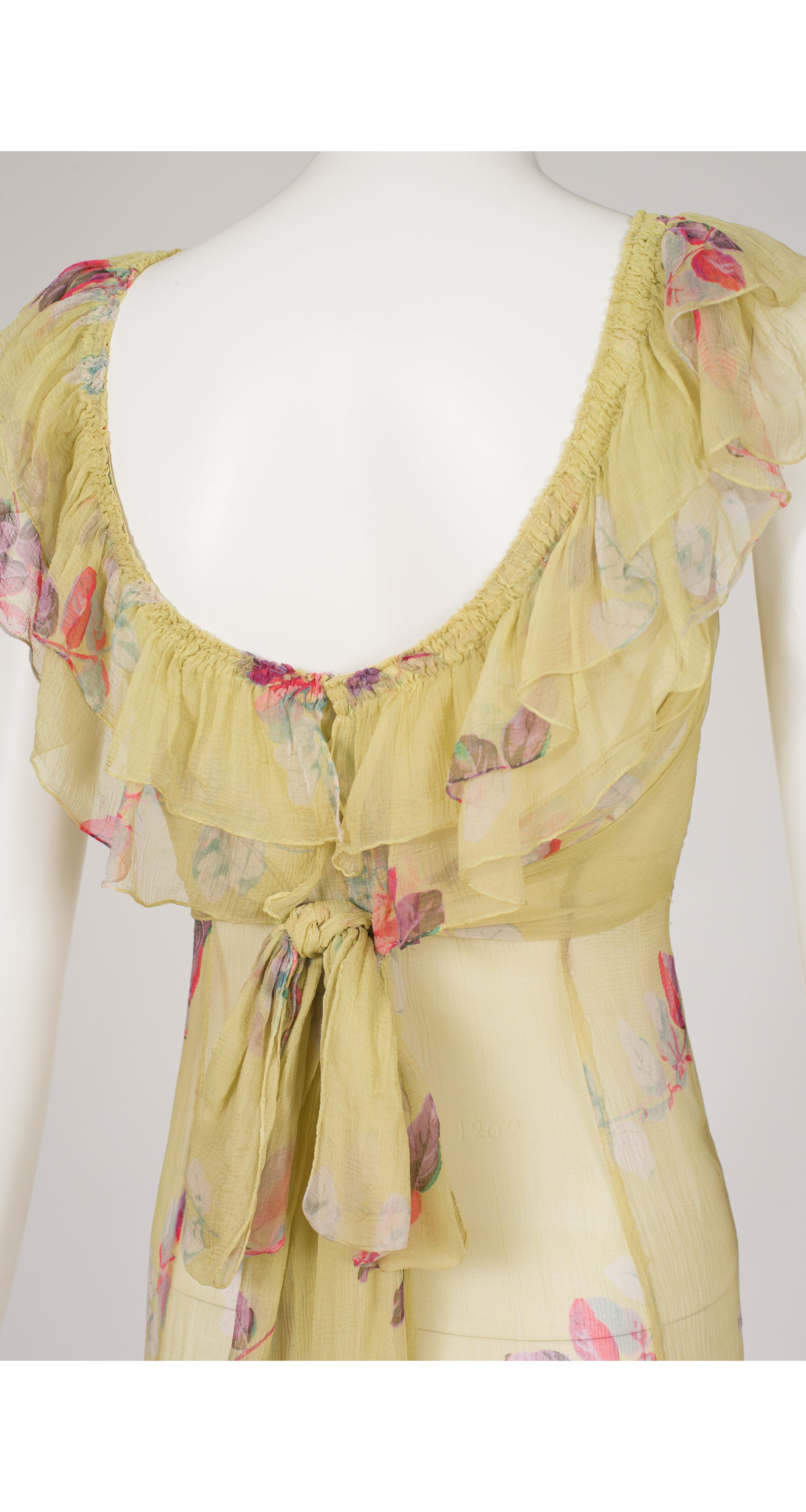 1930s Leaf Print Chartreuse Silk Chiffon Ruffle Collar Dress