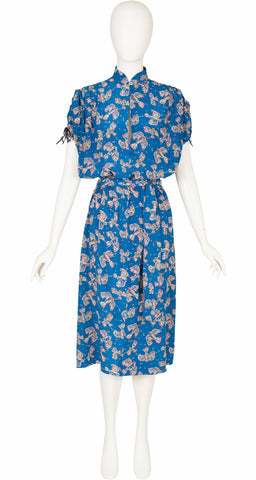 1970s Bird Novelty Print Blue Silk Dress
