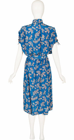1970s Bird Novelty Print Blue Silk Dress