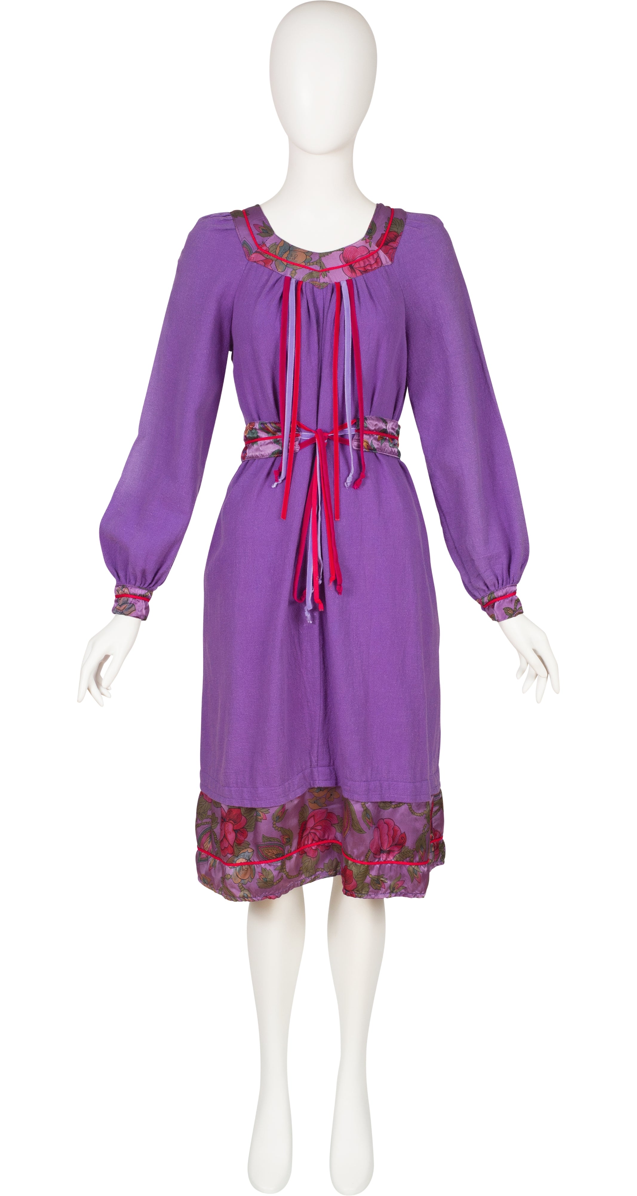 1970s Purple Cotton Floral Ribbon Trim Dress