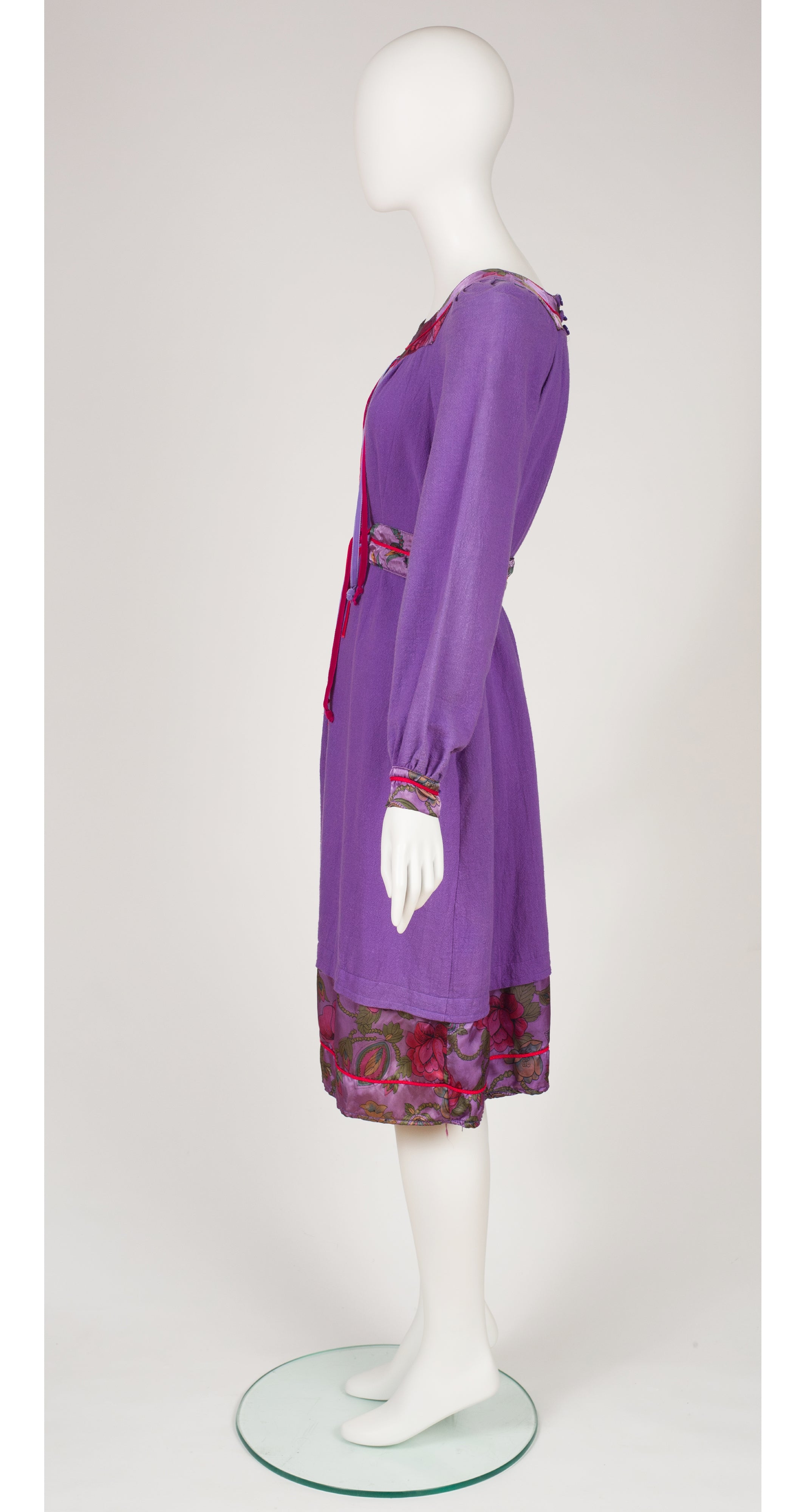 1970s Purple Cotton Floral Ribbon Trim Dress