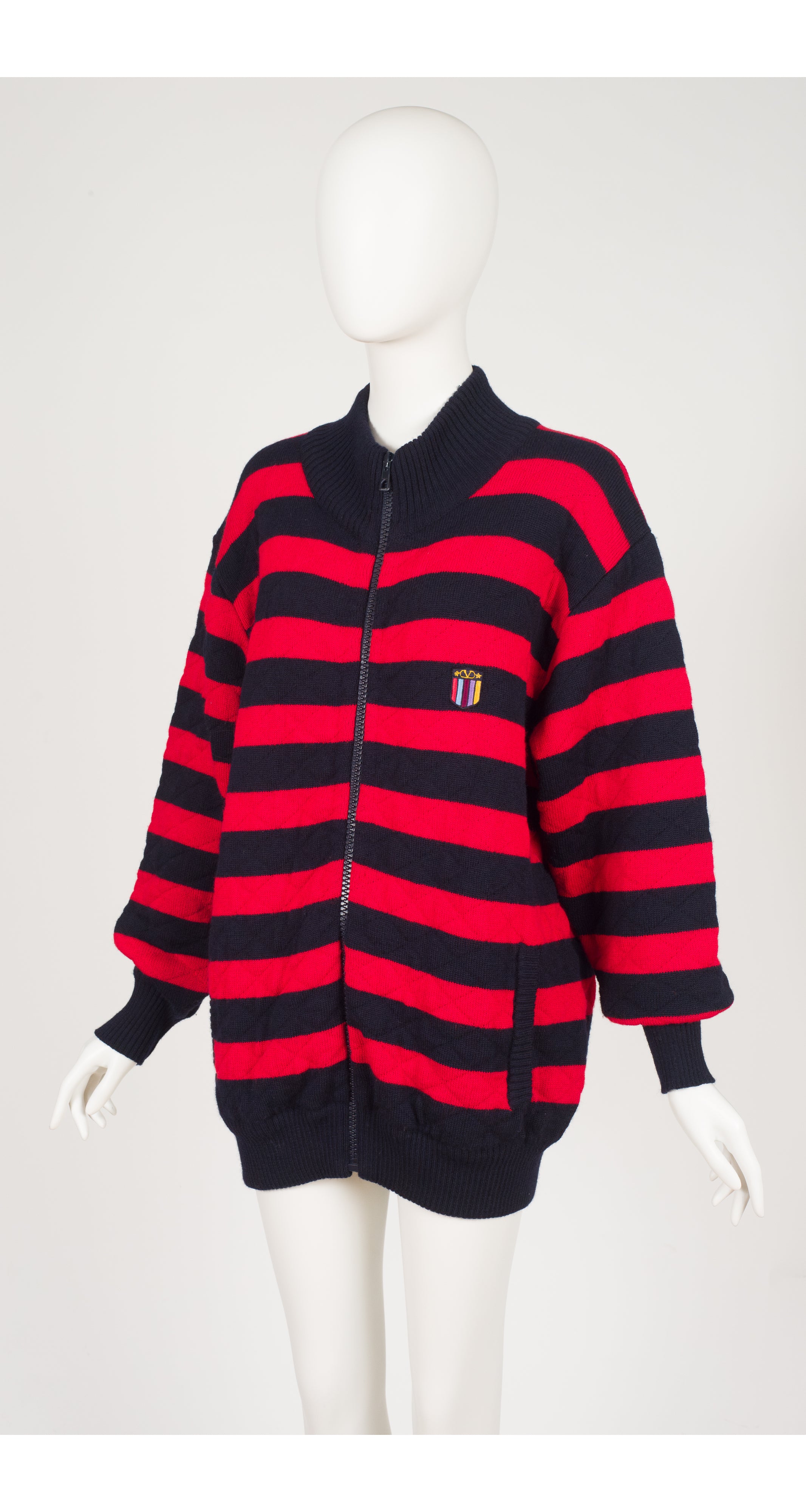 1980s Men's Striped Quilted Wool Knit Zip-Up Sweater